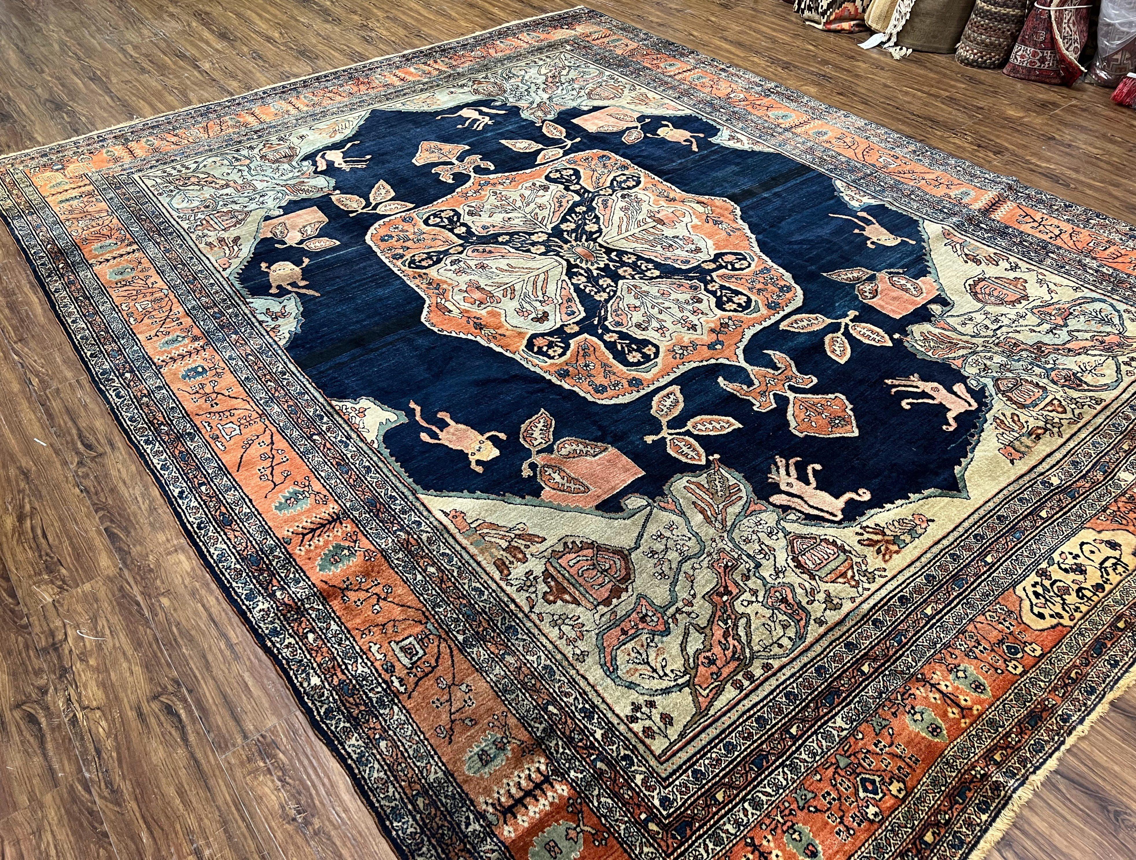 Rare Persian Farahan Rug 9x12 - Antique 1920s, Navy Blue, Master Weaver Signature - Jewel Rugs