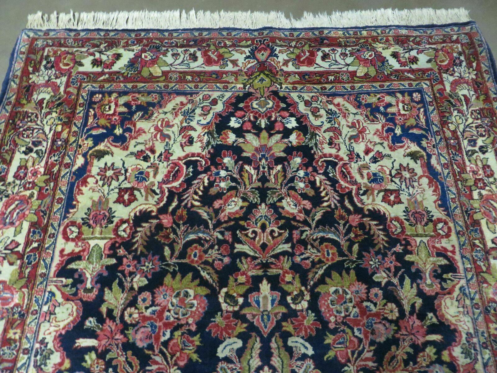 Persian Sarouk Rug 4x7, Hand Knotted Oriental Carpet 4 x 7 ft, Dark Blue Cream Red Floral Wool Rug, Semi Antique 1950s Persian Area Rug, Handmade - Jewel Rugs