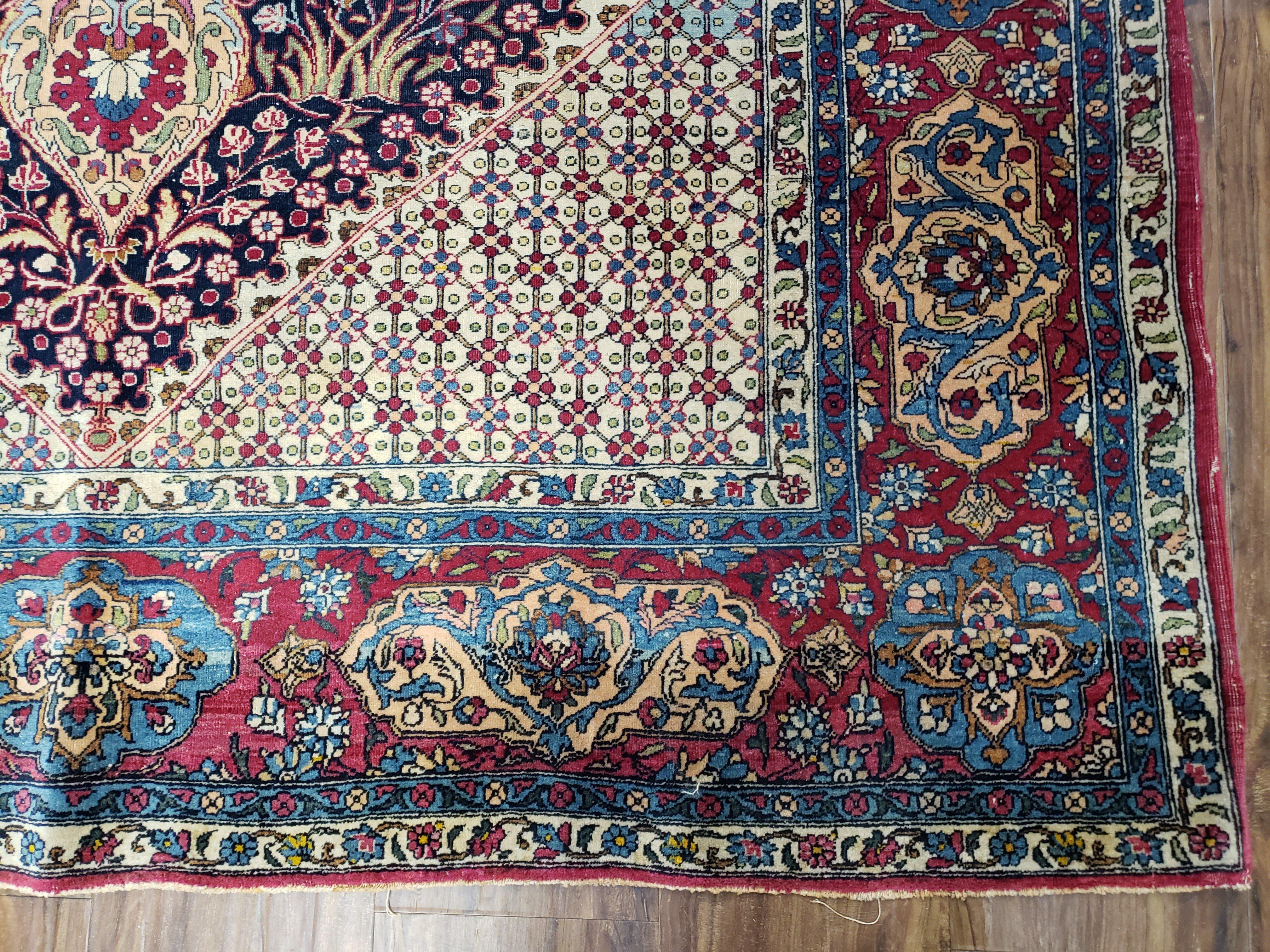 Antique Persian Tehran Rug 5x8, Midnight Blue and Red, Hand-Knotted, Wool - Jewel Rugs