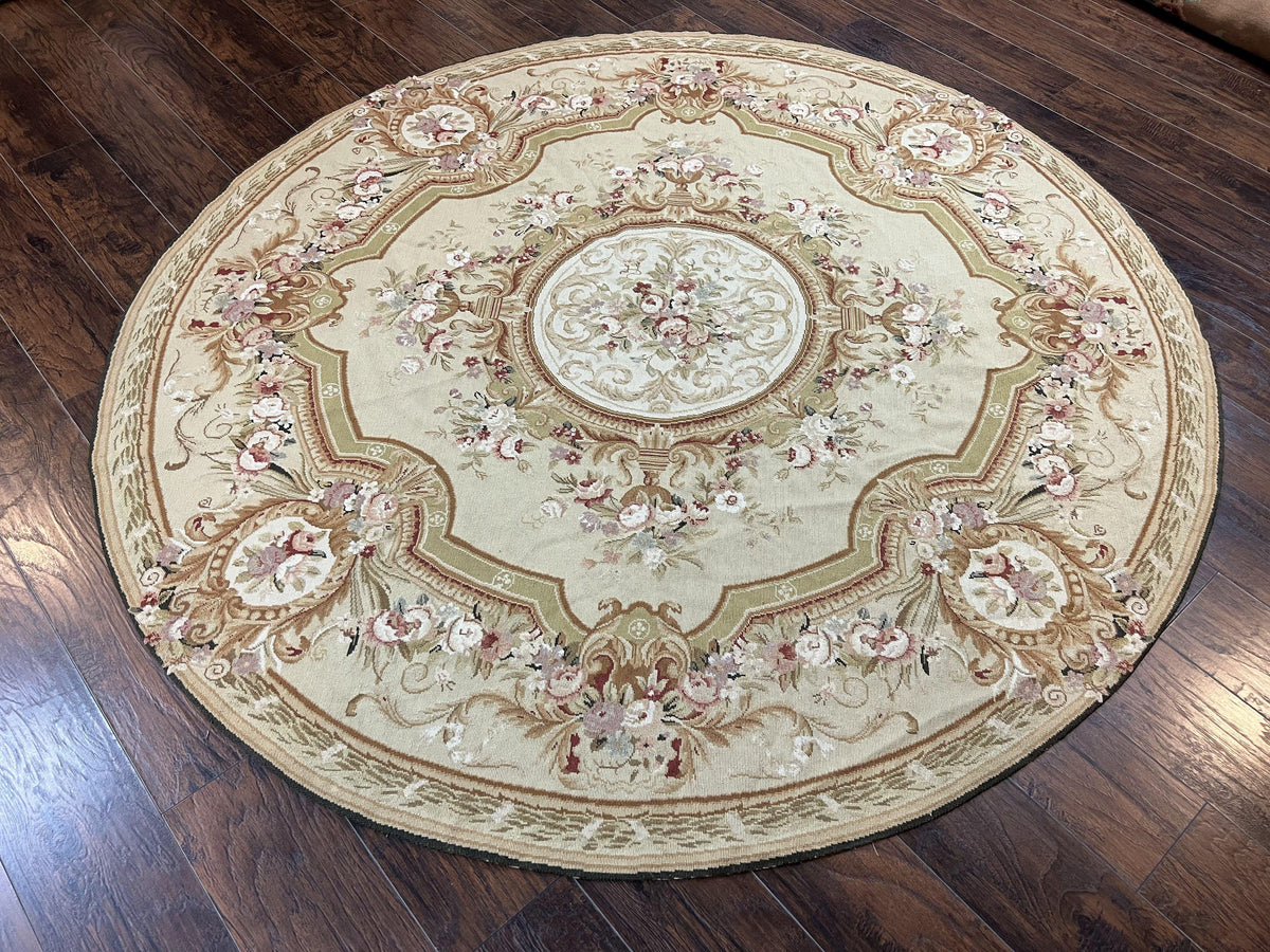 Round Needlepoint Rug 7x7 ft, Aubusson Savonnerie Round Carpet, Large