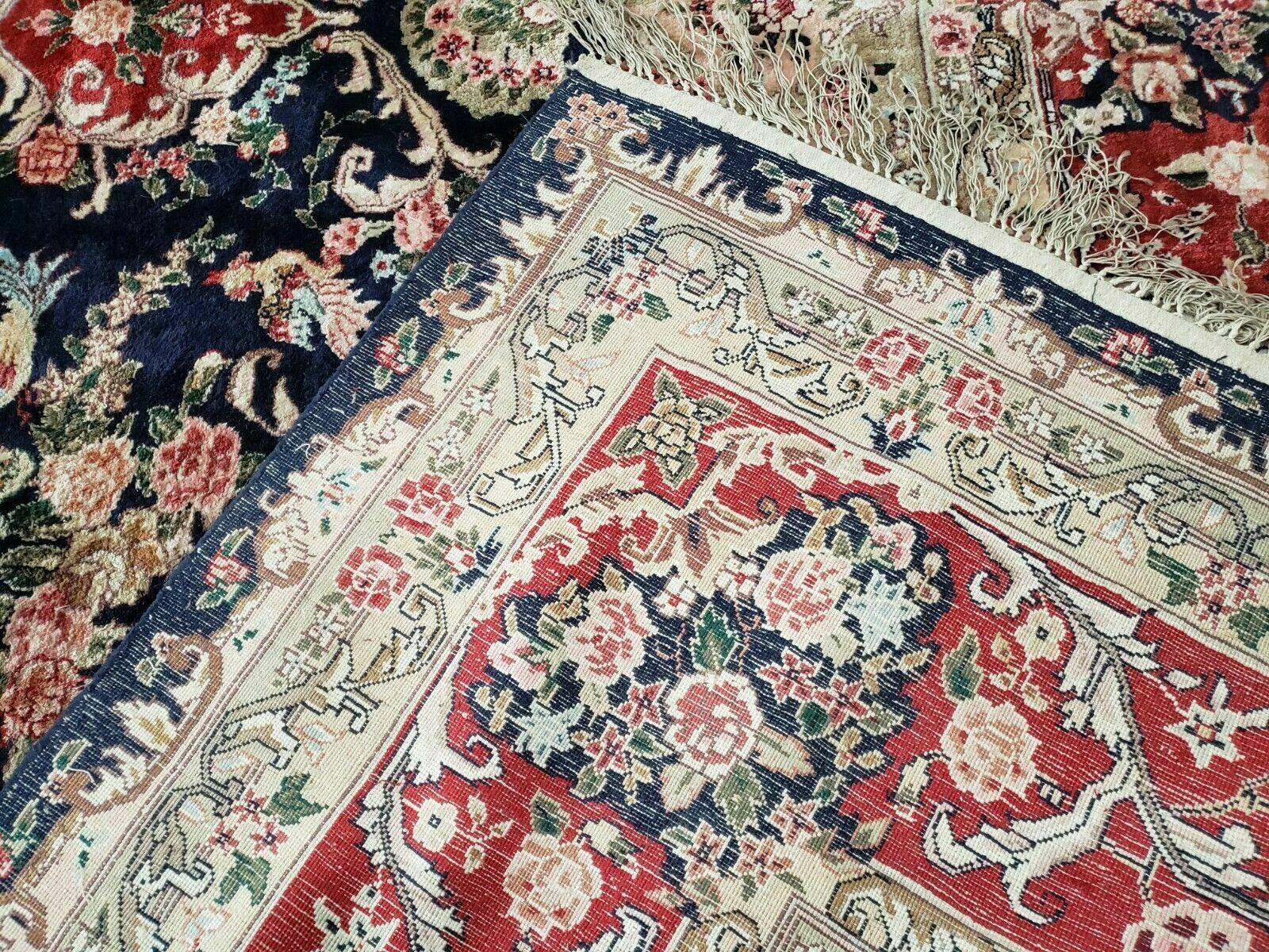 Indian Silk Kashmiri Rug 9x12, Room Sized Silk Carpet, Handmade Hand Knotted Oriental Rug 9 x 12, Navy Blue Red Tan Floral Medallion Birds - Jewel Rugs