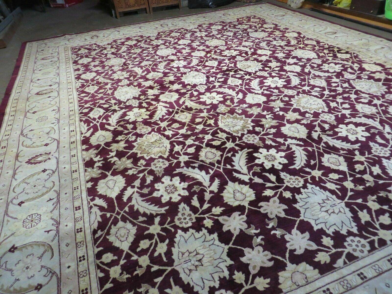 12x15 Vintage Handmade India Agra Larastan Wool Rug Floral Beauty Wine Red - Jewel Rugs