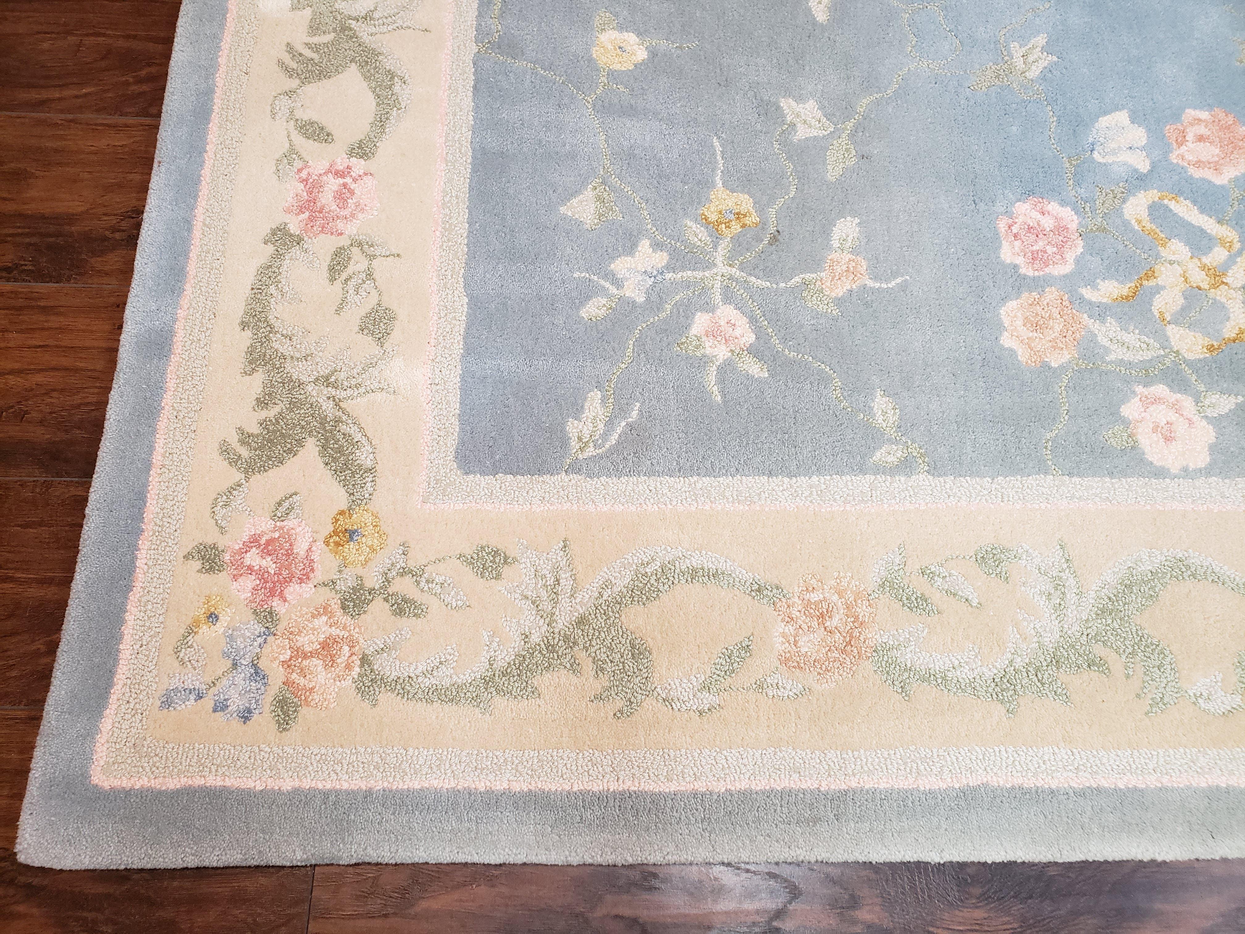 Vintage Edward Fields Room Size Area Rug 10x15, Wool Hand Tufted Light Blue Cream Floral American Carpet, 10 x 15 Large Living Room Rug - Jewel Rugs