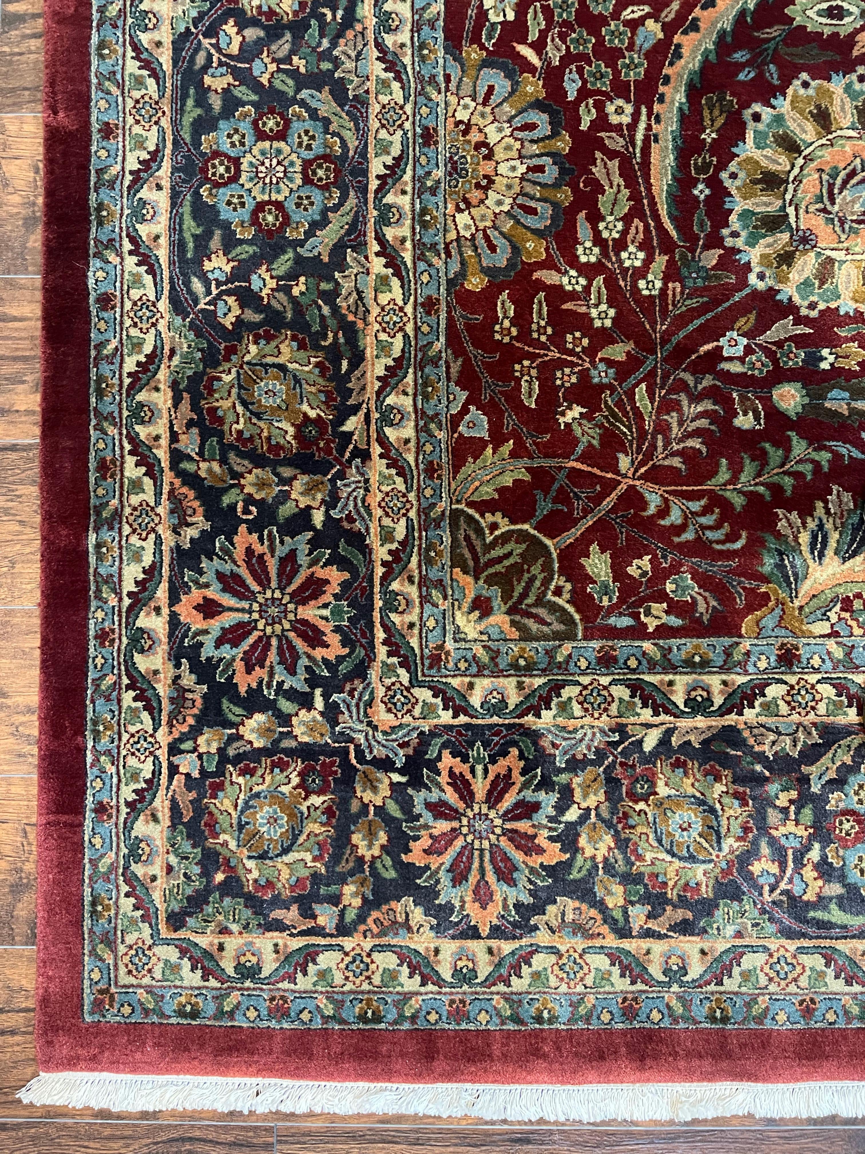 Large Indian Agra Rug 10x13, Maroon Midnight Blue Tan Hand Knotted Wool Oriental Carpet 10 x 13 ft, Floral Allover, Vintage Traditional Rug - Jewel Rugs