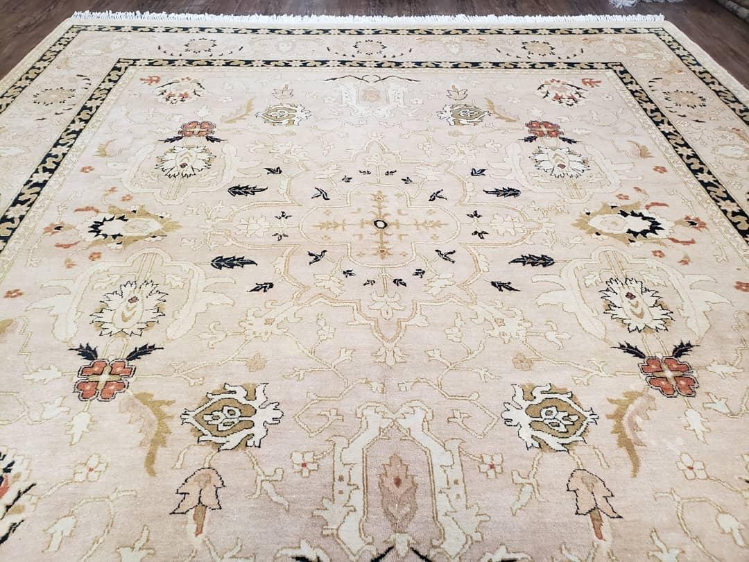 Vintage Pak-Persian Square Room Sized Rug, 8 x 8.8 Hand-Knotted Handmade Wool Carpet Light Taupe Black, Decorative Square Area Rug 8x8 - 8x9 - Jewel Rugs
