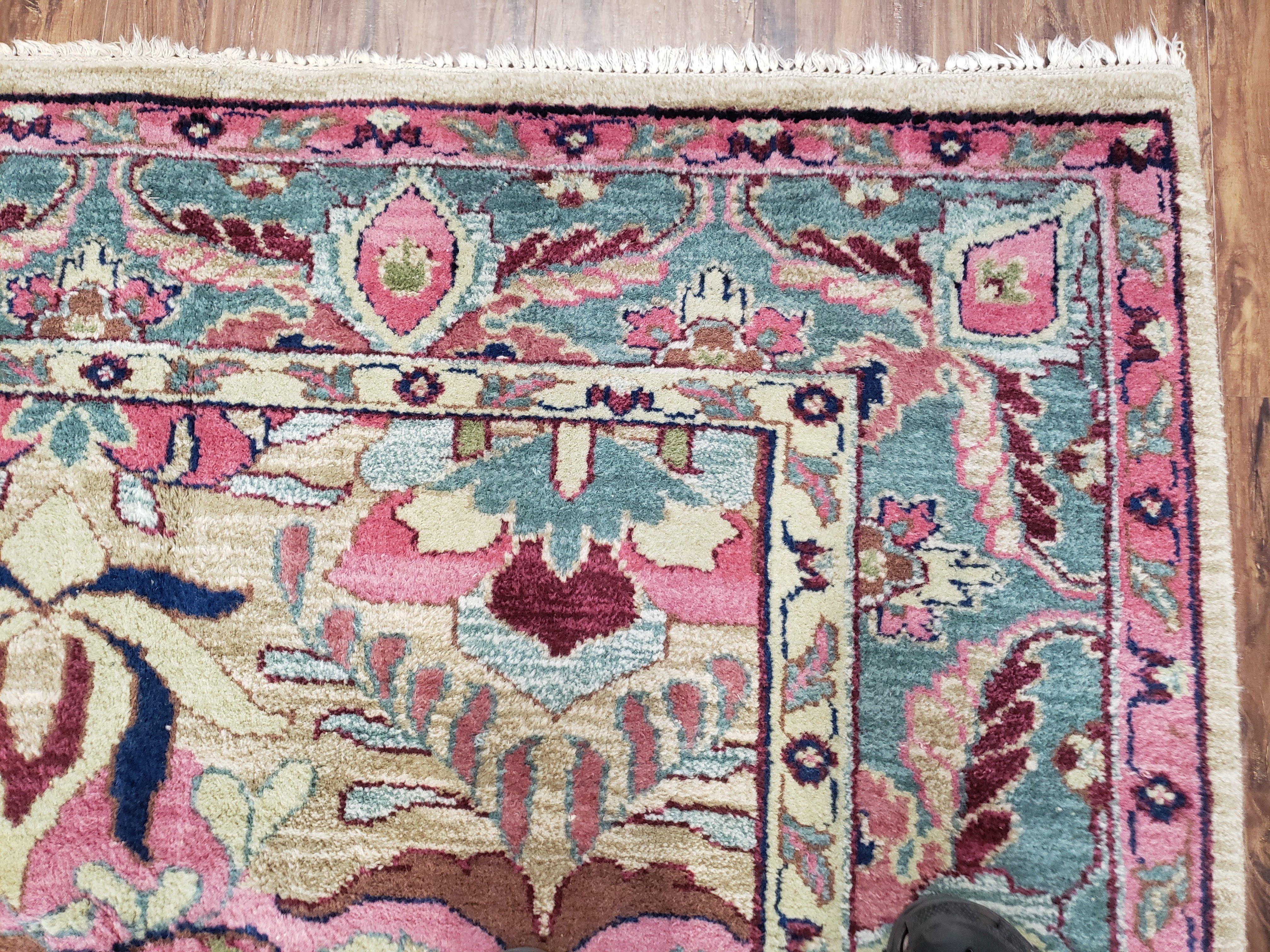 Indo Persian Rug, 6x9 Rug, Medium Sized Handmade Area Rug, Pink and Teal Oriental Carpet, Indian Rug, Vintage Rug, Hand Knotted Rug, Unique - Jewel Rugs