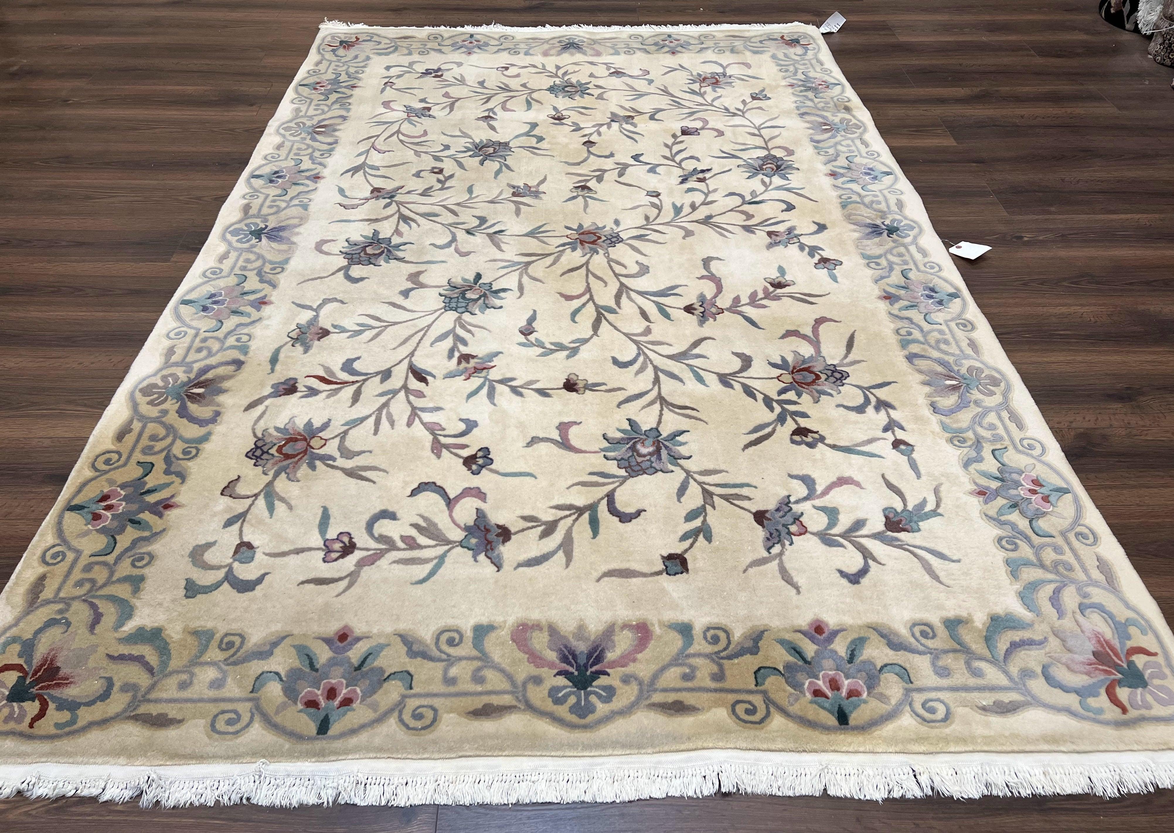 Vintage Chinese Rug 6x9, Chinese 120 Line Rug, Asian Oriental Carpet, Ivory/Beige and Teal, Floral Design, Soft Plush Wool Rug Handmade - Jewel Rugs