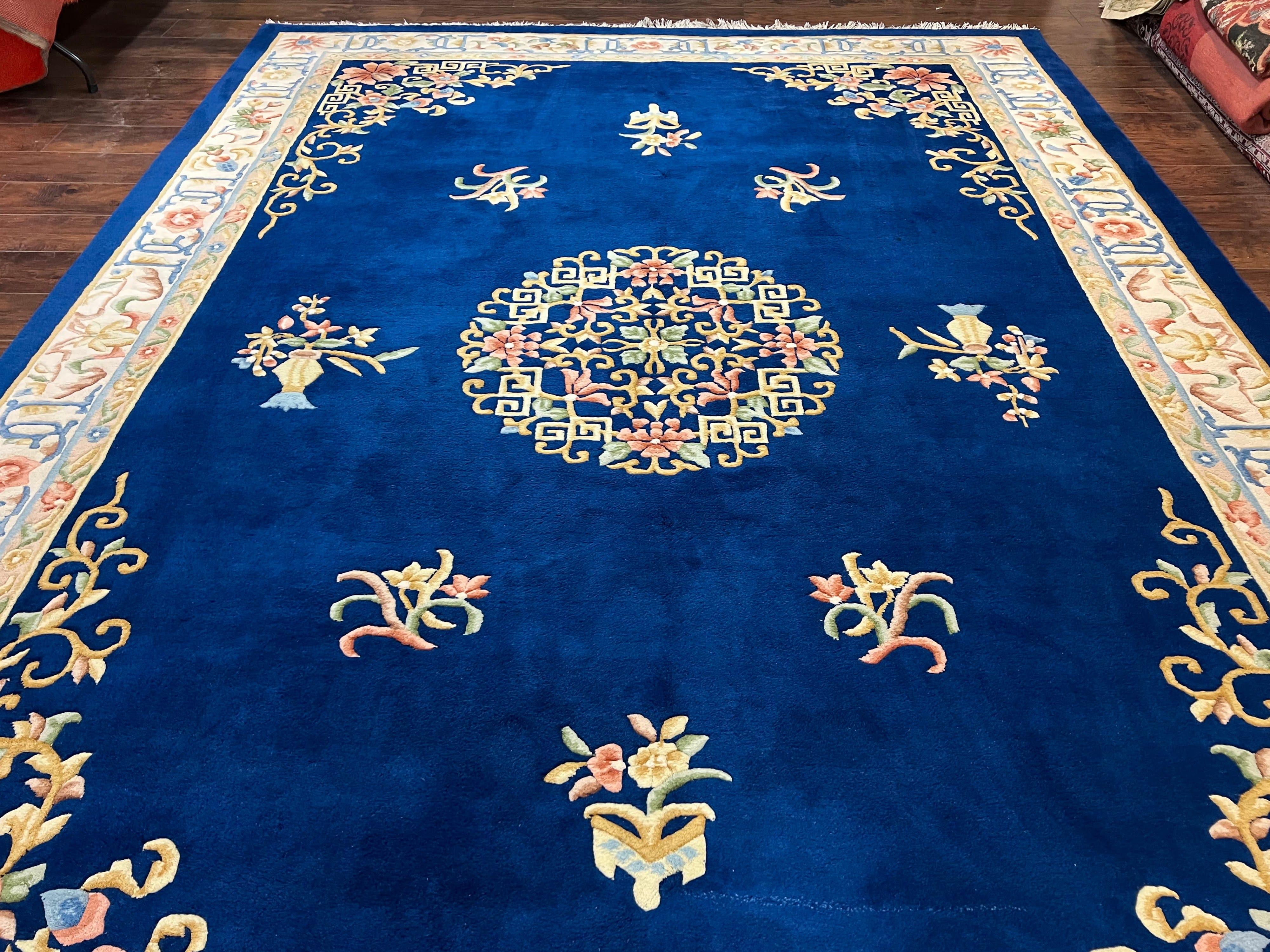 Indo Chinese Wool Rug 10x14, Navy Blue and Beige Hand Knotted Large Asian Oriental Carpet 10 x 14, Handmade Art Deco Vintage Floral Rug - Jewel Rugs
