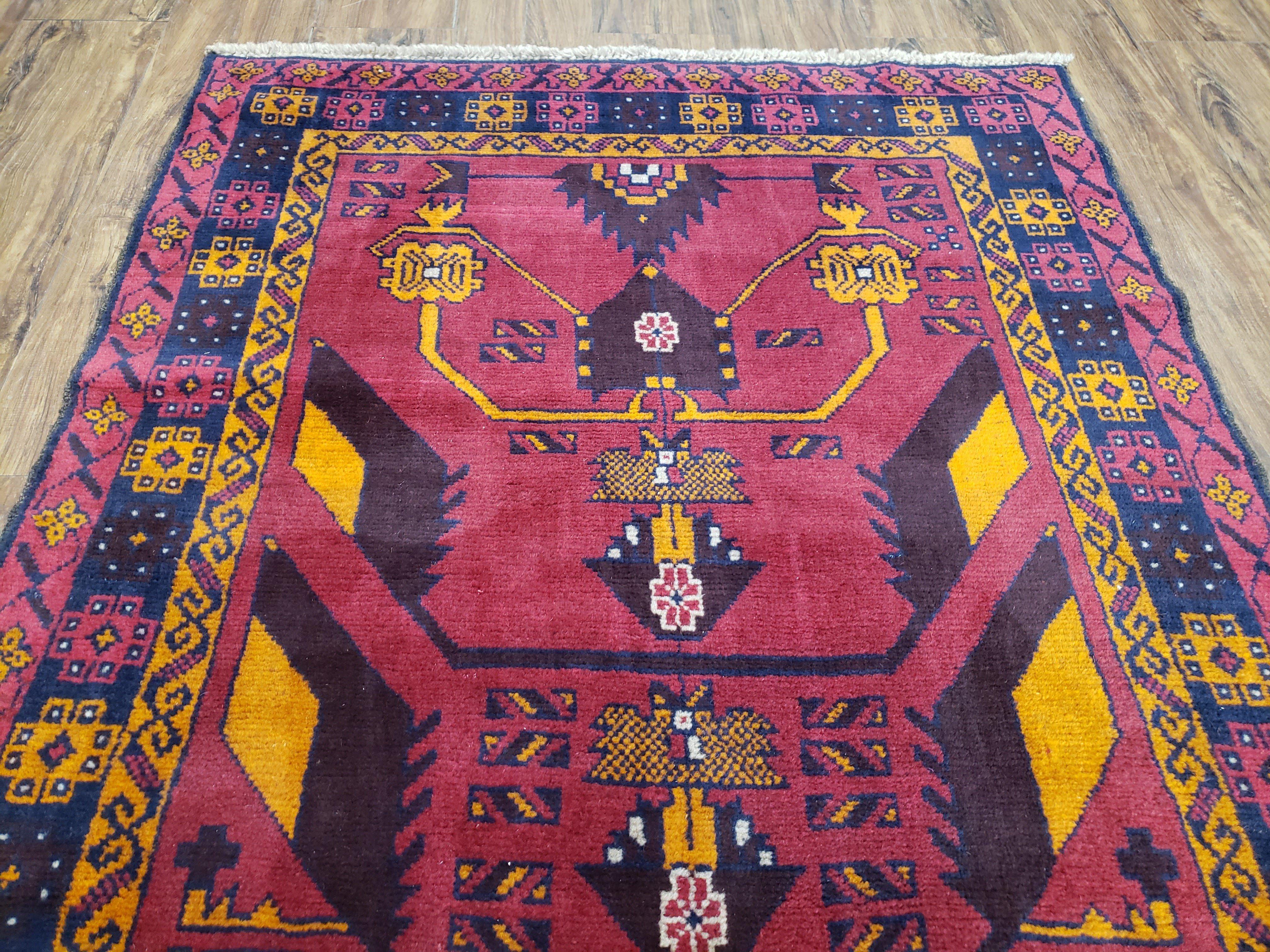 Vintage Balouchi Rug 3.8 x 6.4 ft, Small Baluch Carpet, Hand-Knotted Vivid Colors, Wool Nomadic Tribal Rug, Bohomenian Area Rug, Red Blue - Jewel Rugs