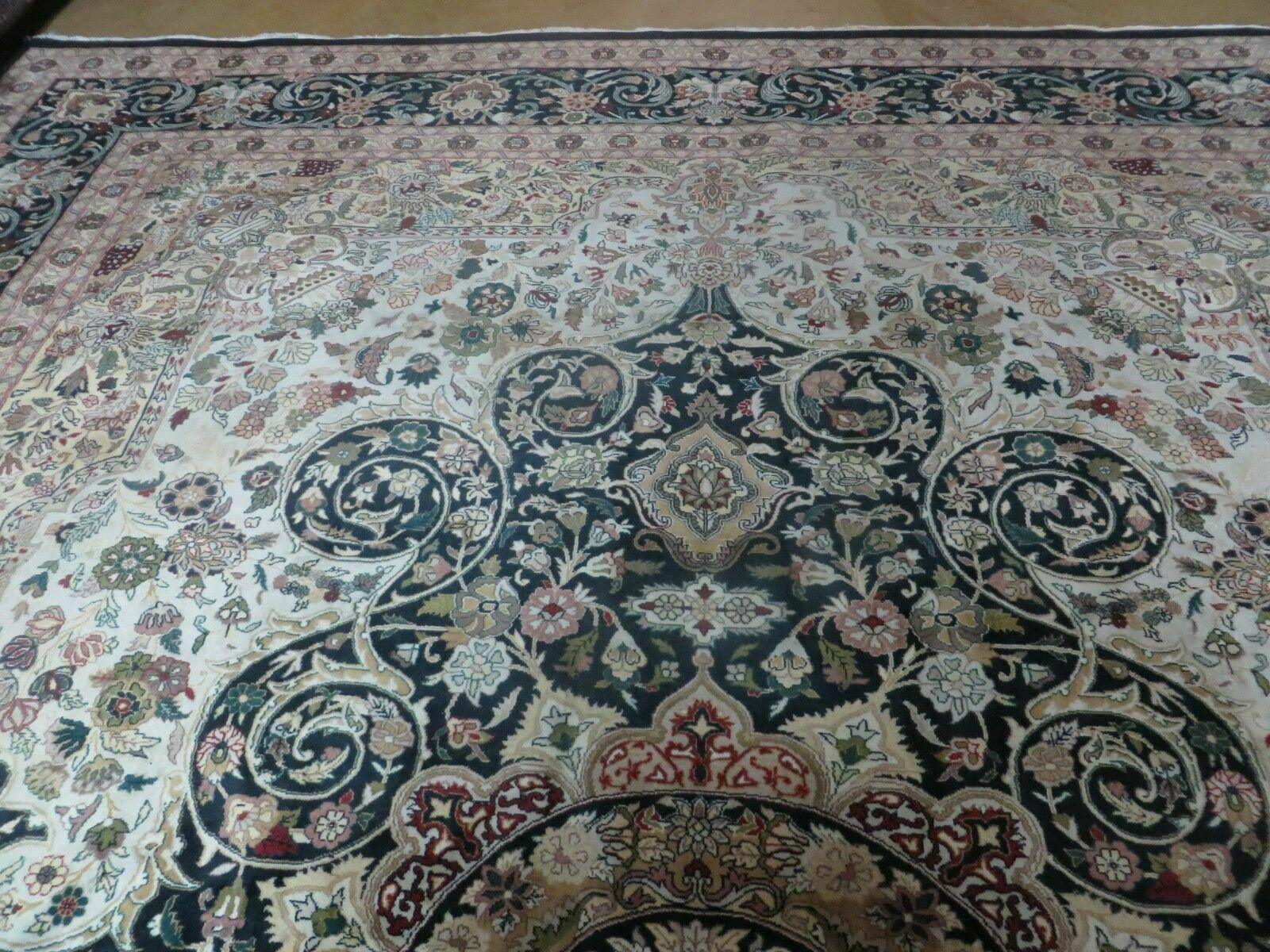 Beautiful Sino Persian Rug 9x12, Elegant High Quality Handmade Wool Oriental Carpet, Medallion with Corner Design, Floral, Black and Ivory - Jewel Rugs