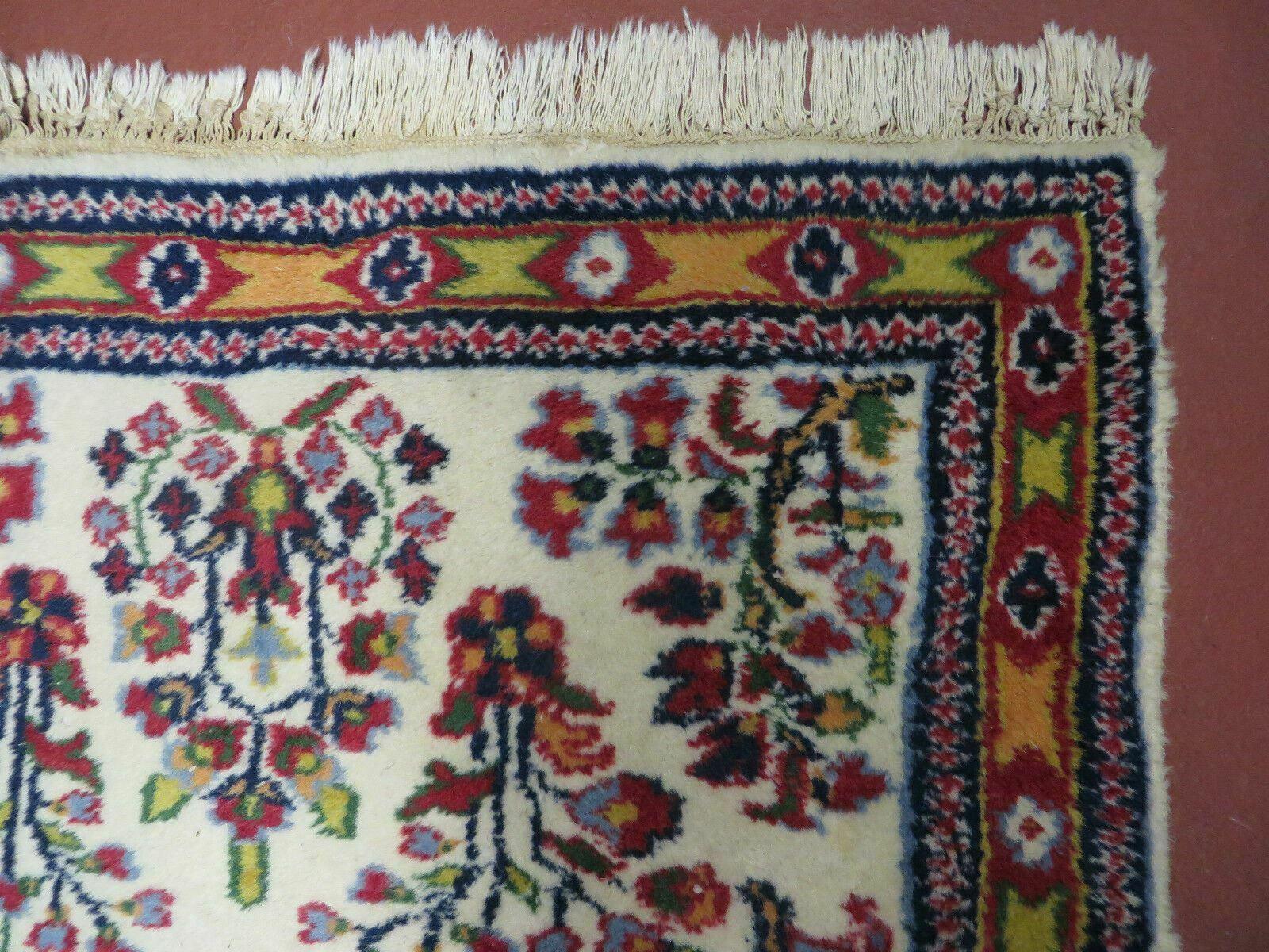 Small Persian Rug 2 x 3, Tiny Persian Sarouk Carpet, Cream Navy Blue Red, Floral Medallion, Vintage Wool Rug, Handmade Hand-Knotted Oriental Rug - Jewel Rugs