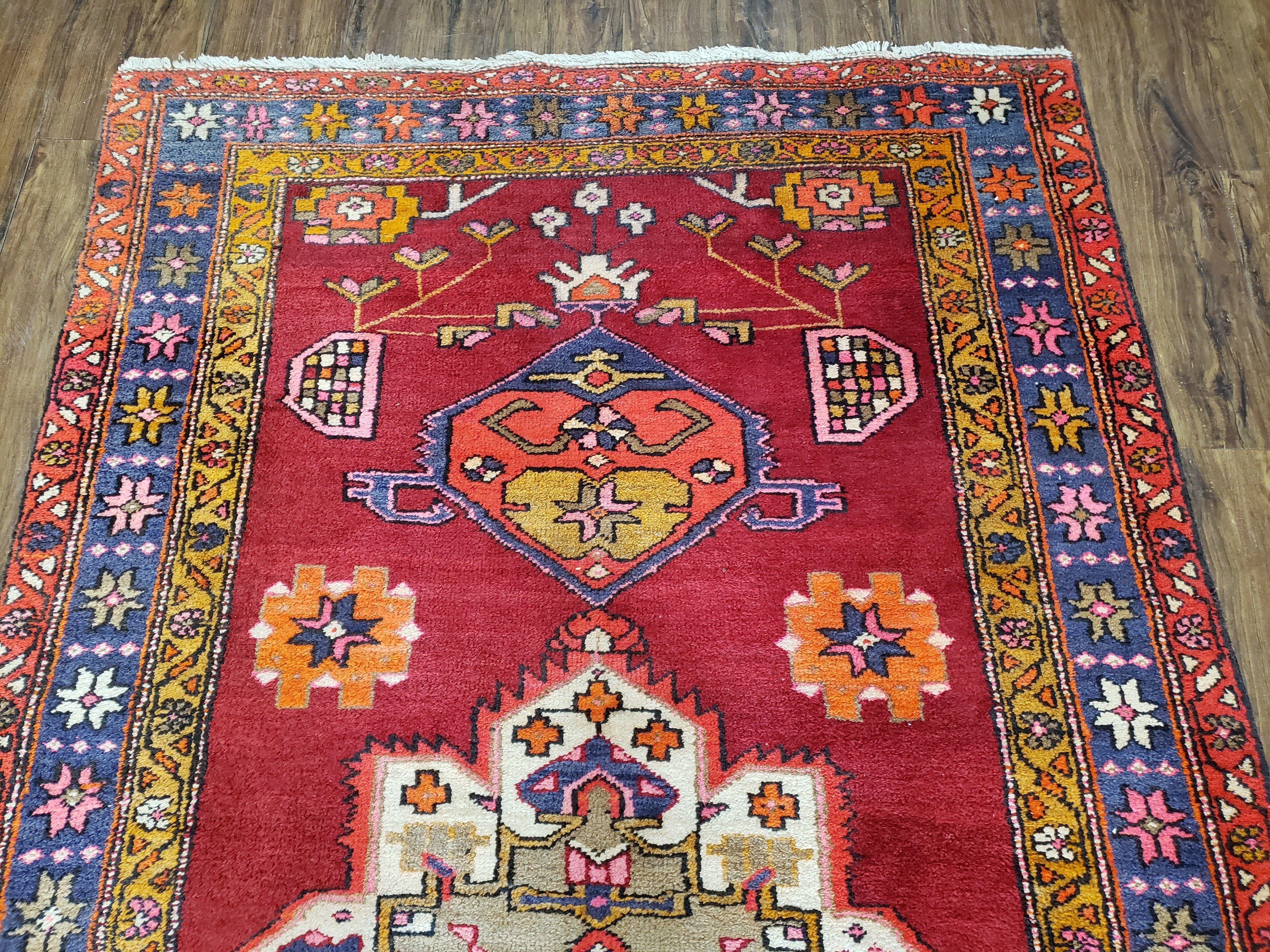 Antique Persian Karajeh Runner Rug 4.4 x 11 ft, Red Colorful Bold Vintage Tribal Geometric Heriz Runner, Village Runner, High Quality Handmade, 11ft Runner - Jewel Rugs