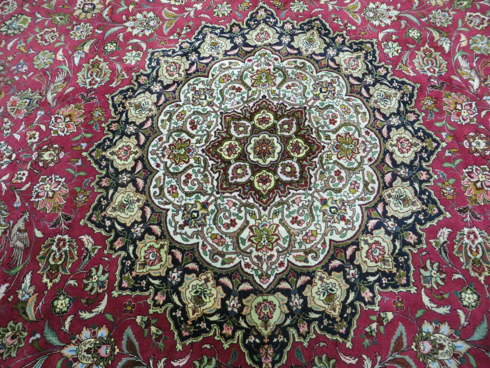 Persian Tabriz Rug 10x14 Oriental Carpet 10 x 14 Wool and Silk Top Quality Fine, Central Medallion Floral Allover, Red, Birds, Hand Knotted Vintage - Jewel Rugs