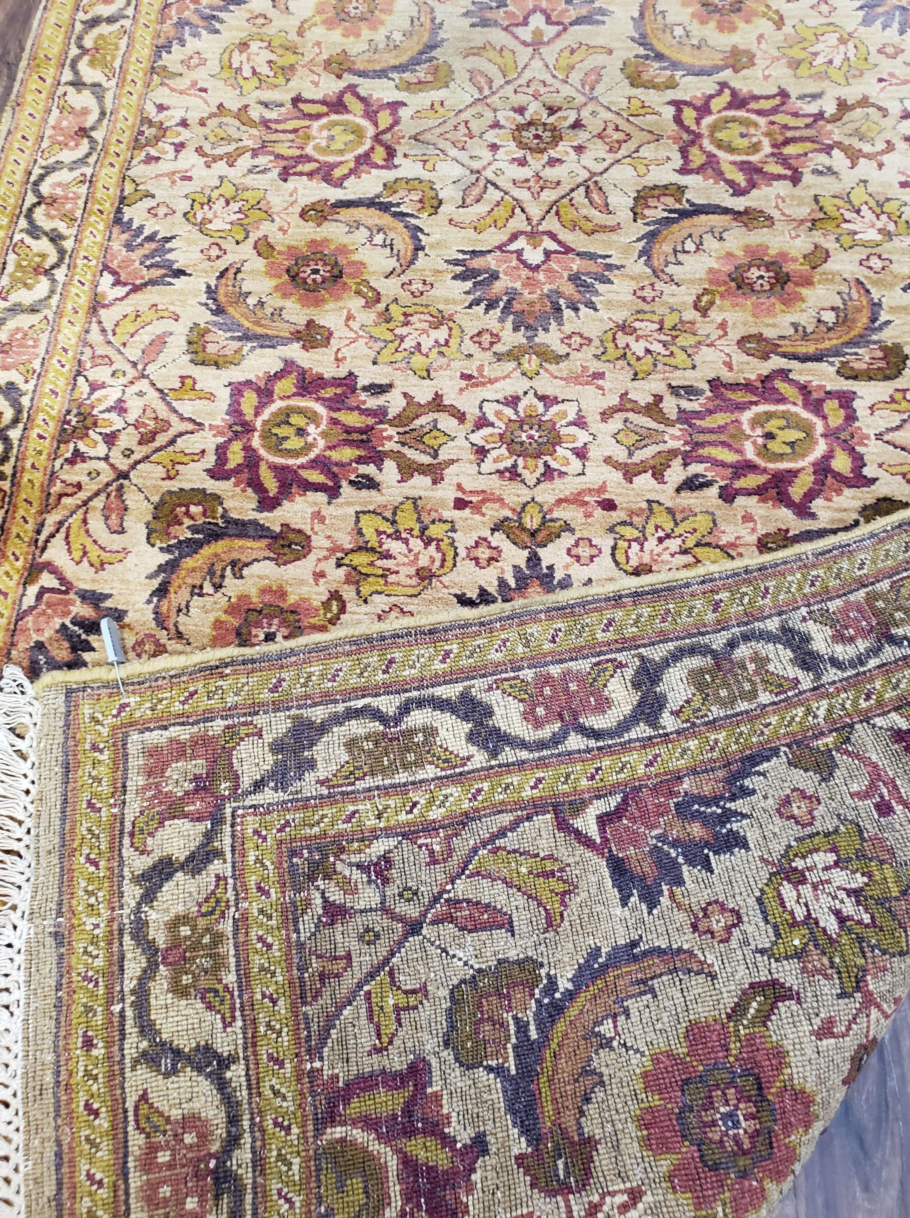 Indian Runner Rug 4x10, Handmade Hand Knotted Wool Oriental Runner Rug 4 x 10 Wide Runner, Vintage Corridor Hallway Runner, Tan Gold Floral - Jewel Rugs