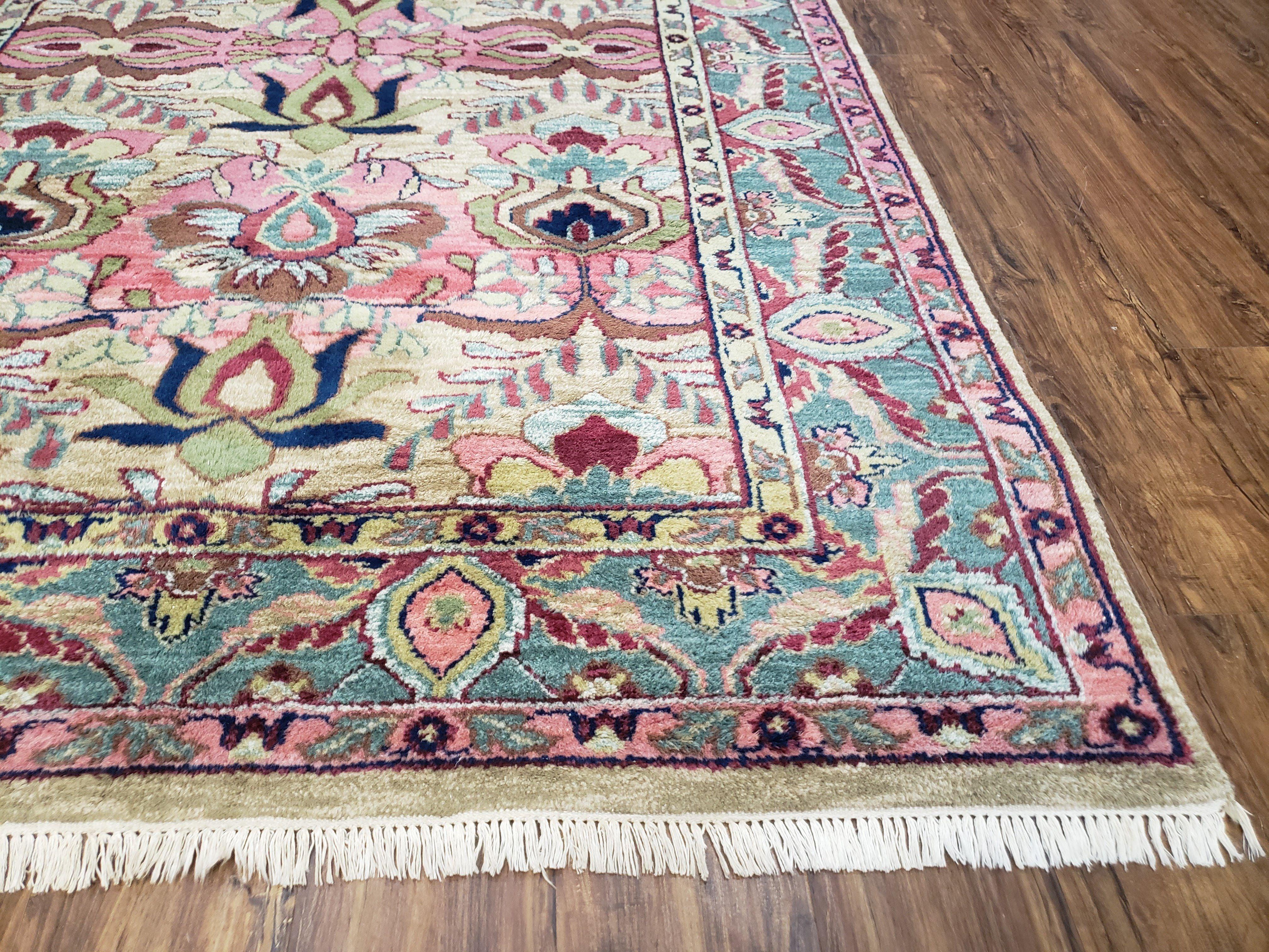 Indo Persian Rug, 6x9 Rug, Medium Sized Handmade Area Rug, Pink and Teal Oriental Carpet, Indian Rug, Vintage Rug, Hand Knotted Rug, Unique - Jewel Rugs