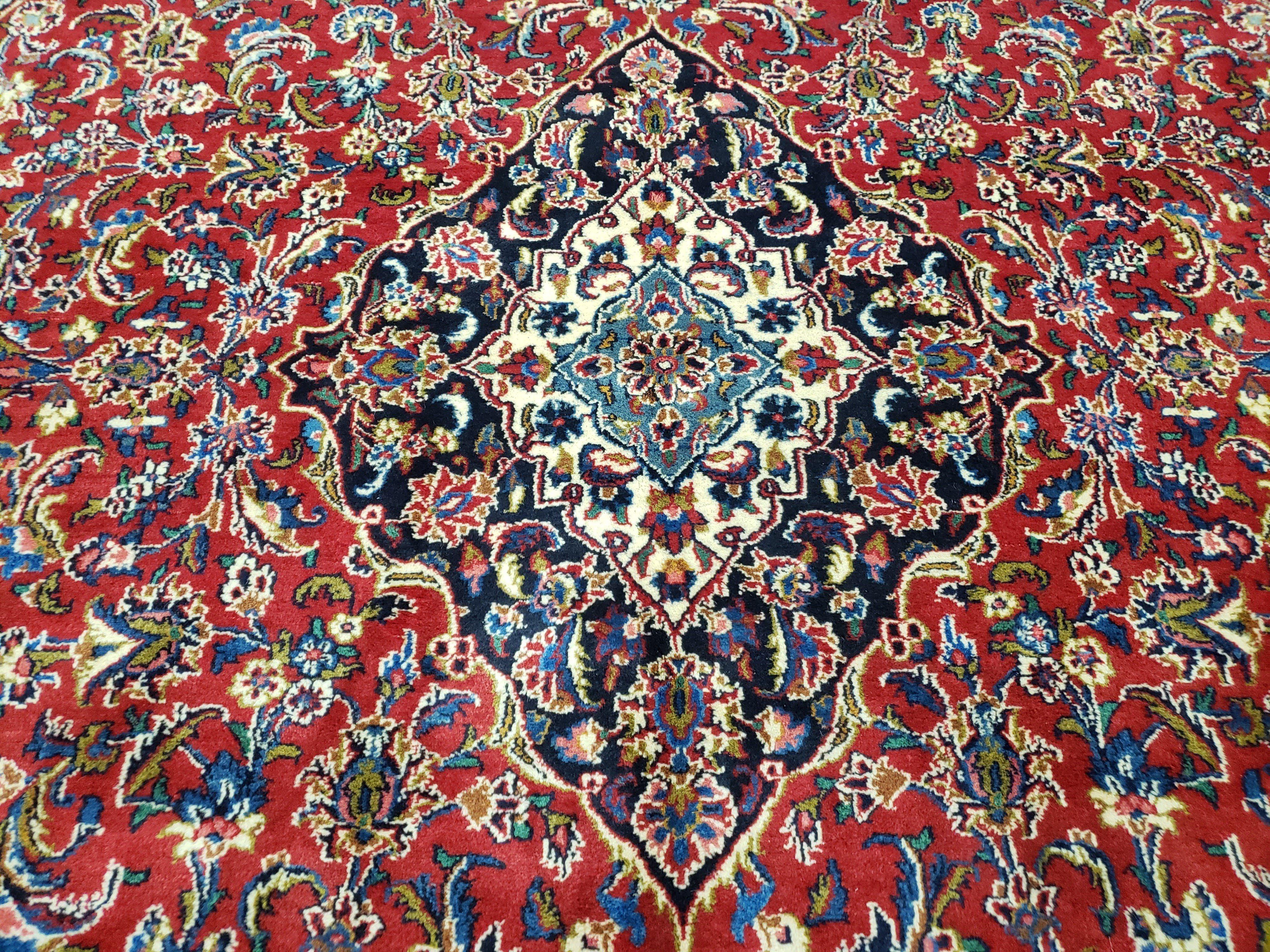 Persian Kashan Rug 9.6 x 13.5, Red and Blue Antique Persian Carpet, Hand Knotted, Medallion Allover Floral, High Quality Large Wool Carpet - Jewel Rugs