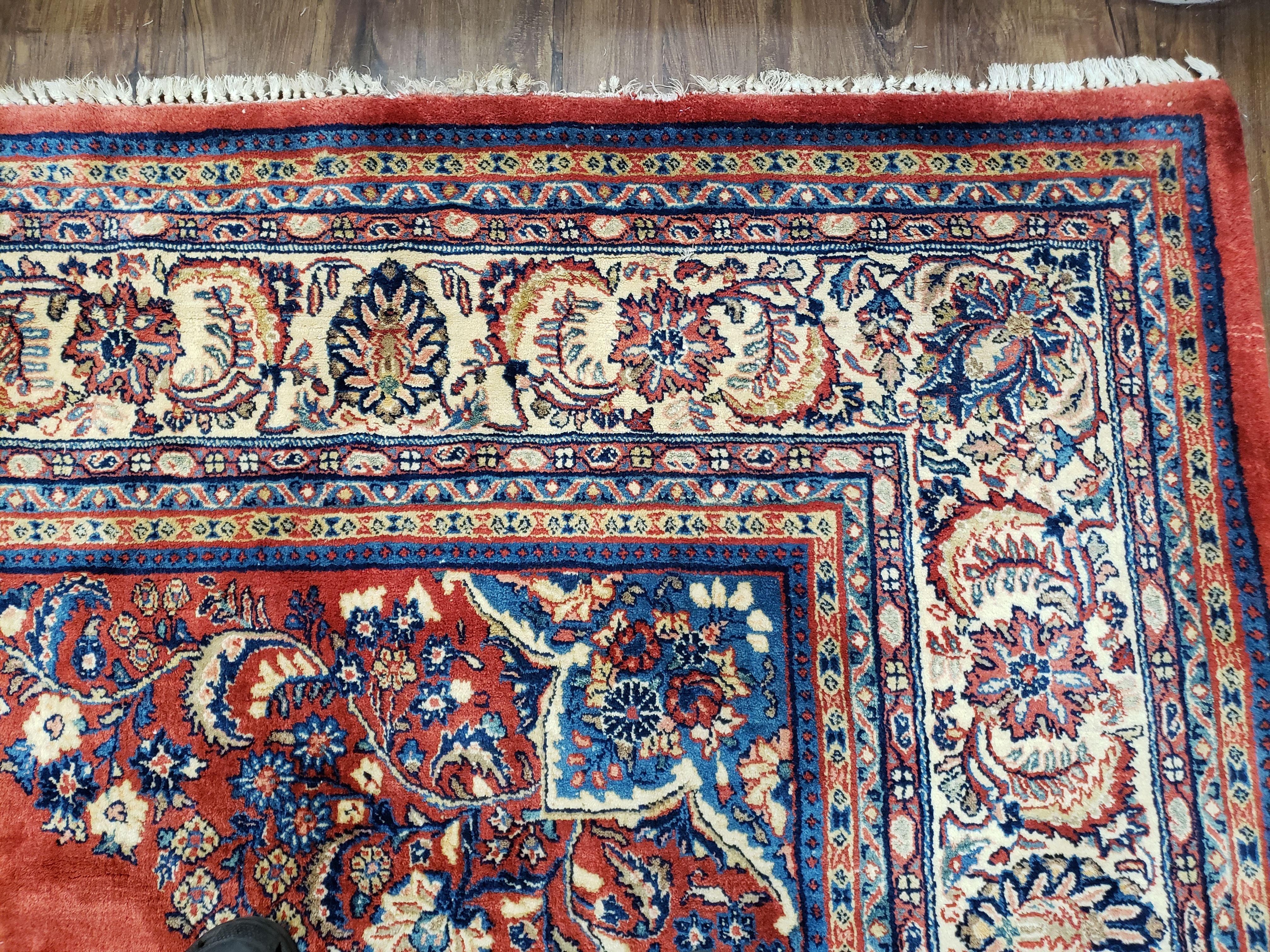 Semi Antique Persian Sarouk Rug 9x12, Semi Open Field with Central Medallion, Hand Knotted Wool, Tomato Red, 9 x 12 Authentic Oriental Carpet - Jewel Rugs