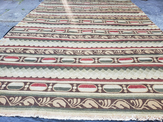 Large Vintage Striped Rug, Handmade, Earth Tone Decor, Beiges Slate Gray Dark Red, Flatweave Indian Striped Carpet, Indian Kilim 10x14, Wool - Jewel Rugs