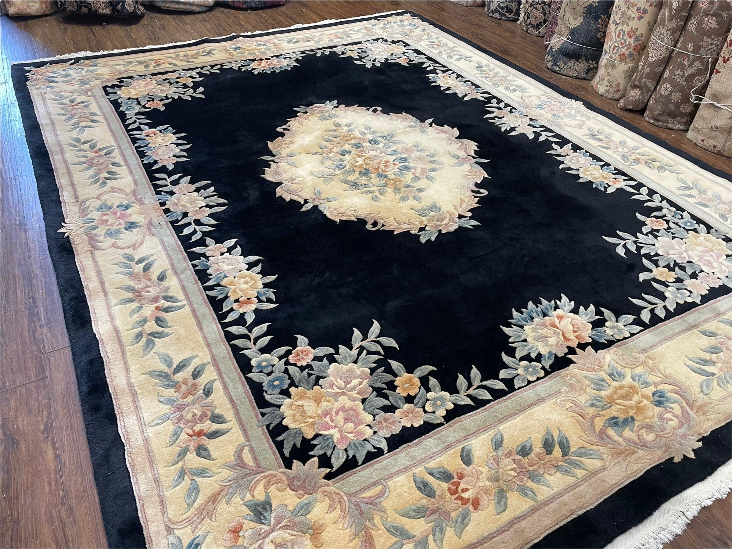 9x12 Chinese Aubusson Rug, 9 x 12 Plush Chinese Rug, 12x9 Floral Chinese Rug, 90 Line Carpet, Art Deco Rug Peking Rug Vintage Wool Black Rug - Jewel Rugs
