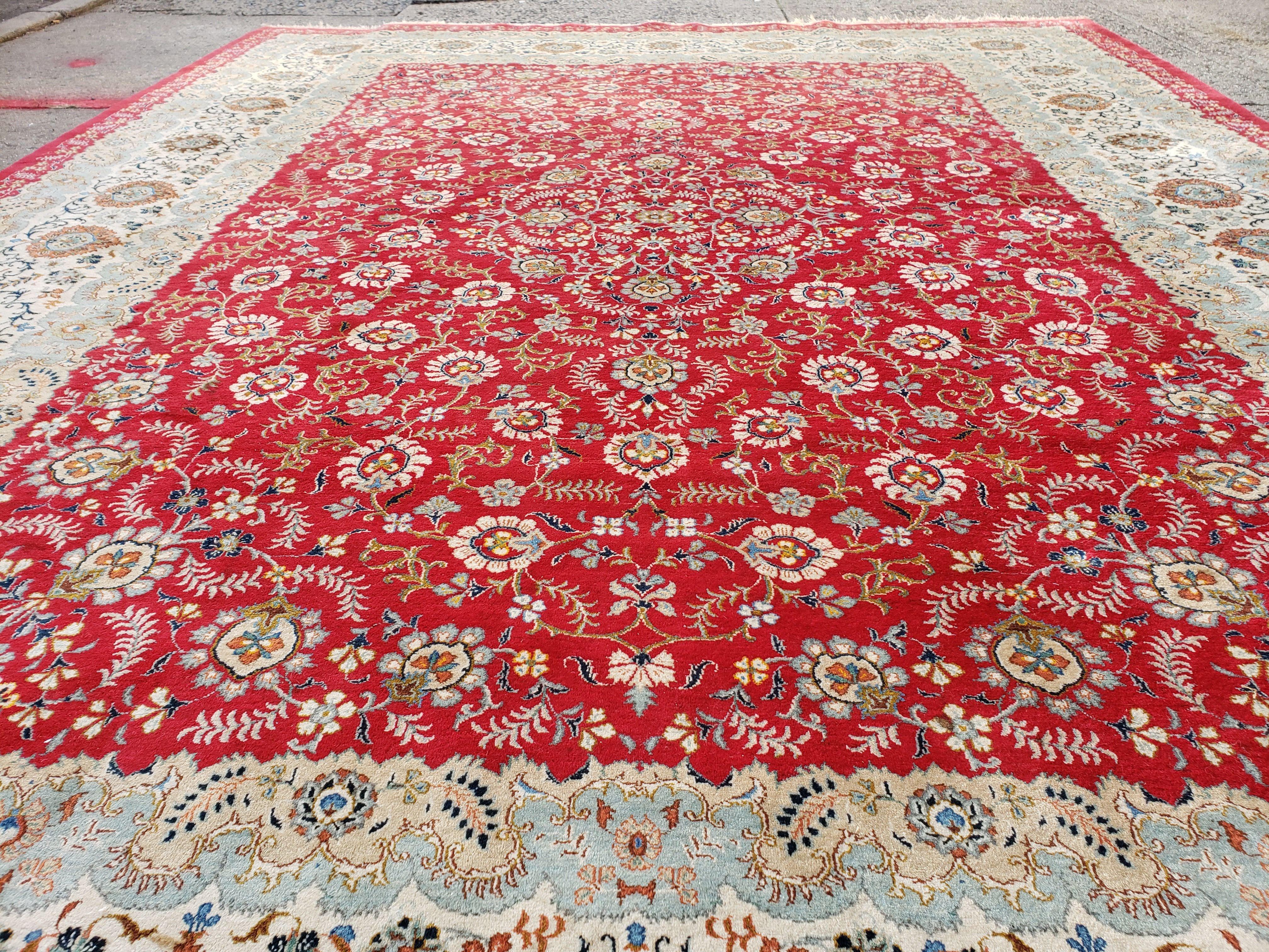 Signed Persian Kashan Rug 10x13 Oriental Carpet 10 x 13 Wool Rug, Allover Floral Medallion, Red Ivory Light Blue, Hand Knotted, Large Persian Rug - Jewel Rugs