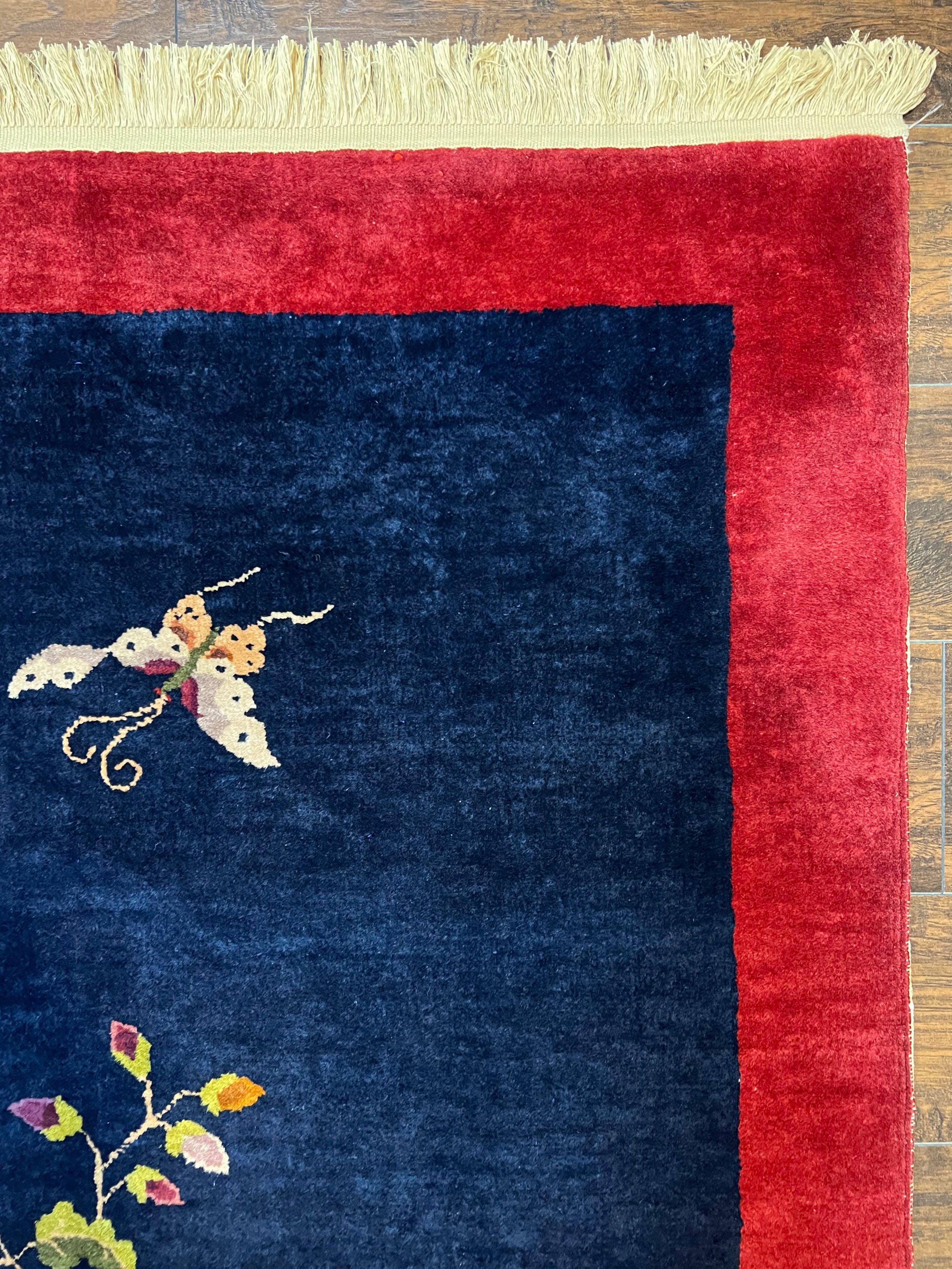 Chinese Art Deco Rug 8x10, Nichols Rug, Navy Blue and Red, Handmade Wool Carpet 8 x 10, Semi Antique Vintage Asian Oriental Rug, Butterflies - Jewel Rugs