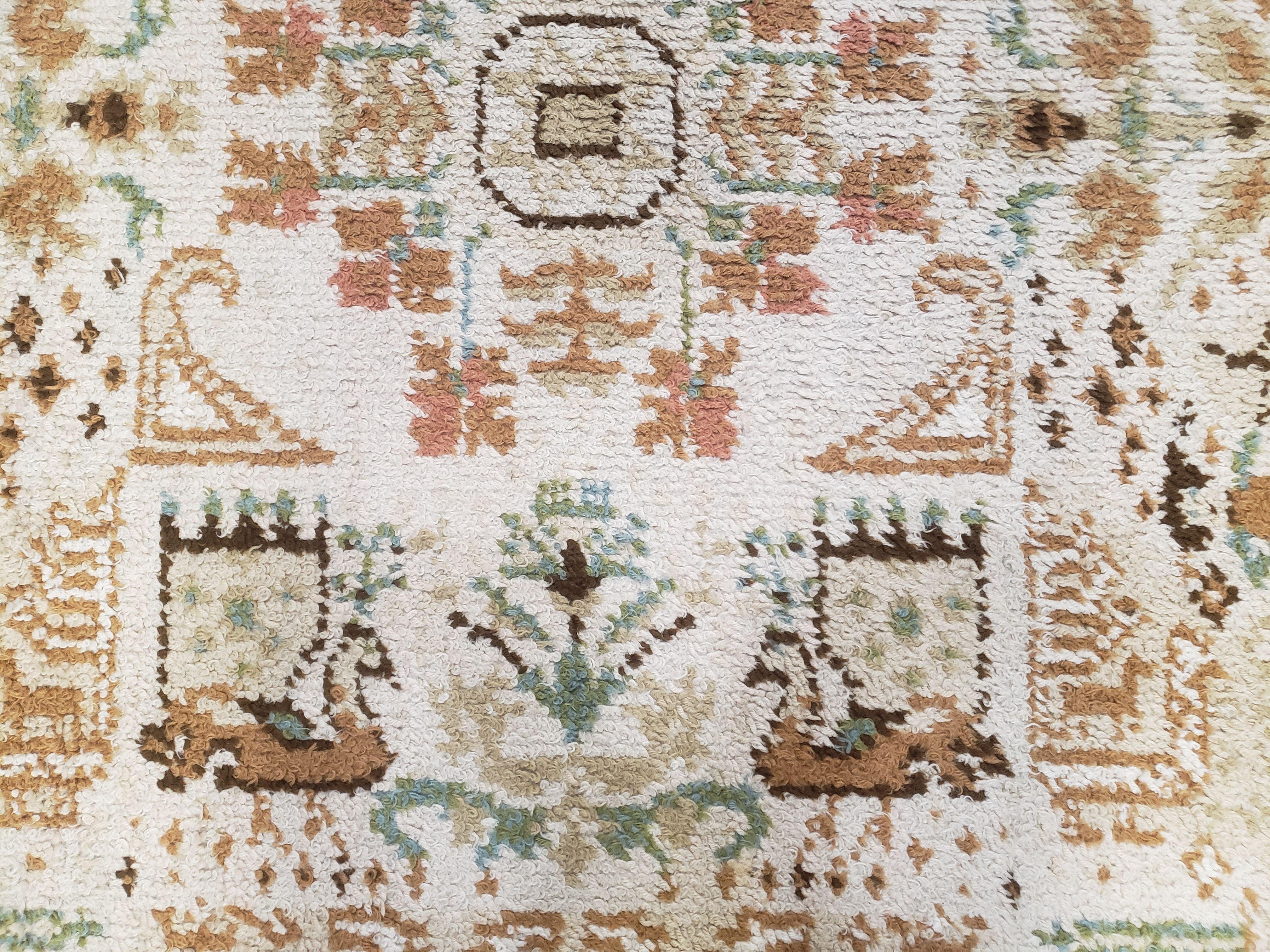 Vintage Scandinavian Area Rug, Rya Shag Rug, Wool, Beige & Carribbean Coral, Scandinavian Folk Art Rug, Human Motifs, Boats, Vikings, 6x9 - Jewel Rugs