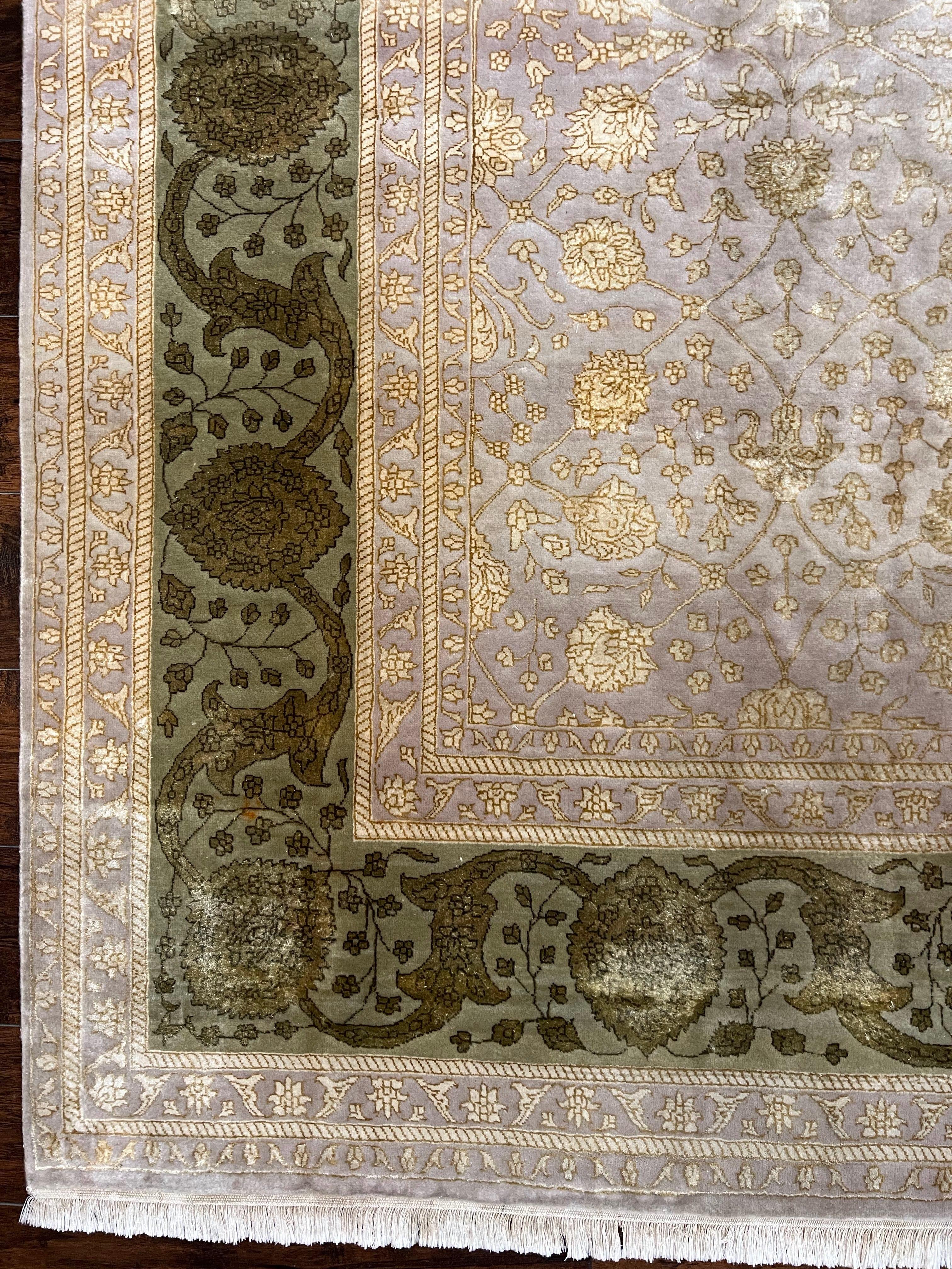 Modern Safavieh Tibetan Rug 10x14, Wool & Silk Accents, Fine Contemporary Floral Carpet, Handmade Hand Knotted Nepali Rug, Gray Gold Green - Jewel Rugs