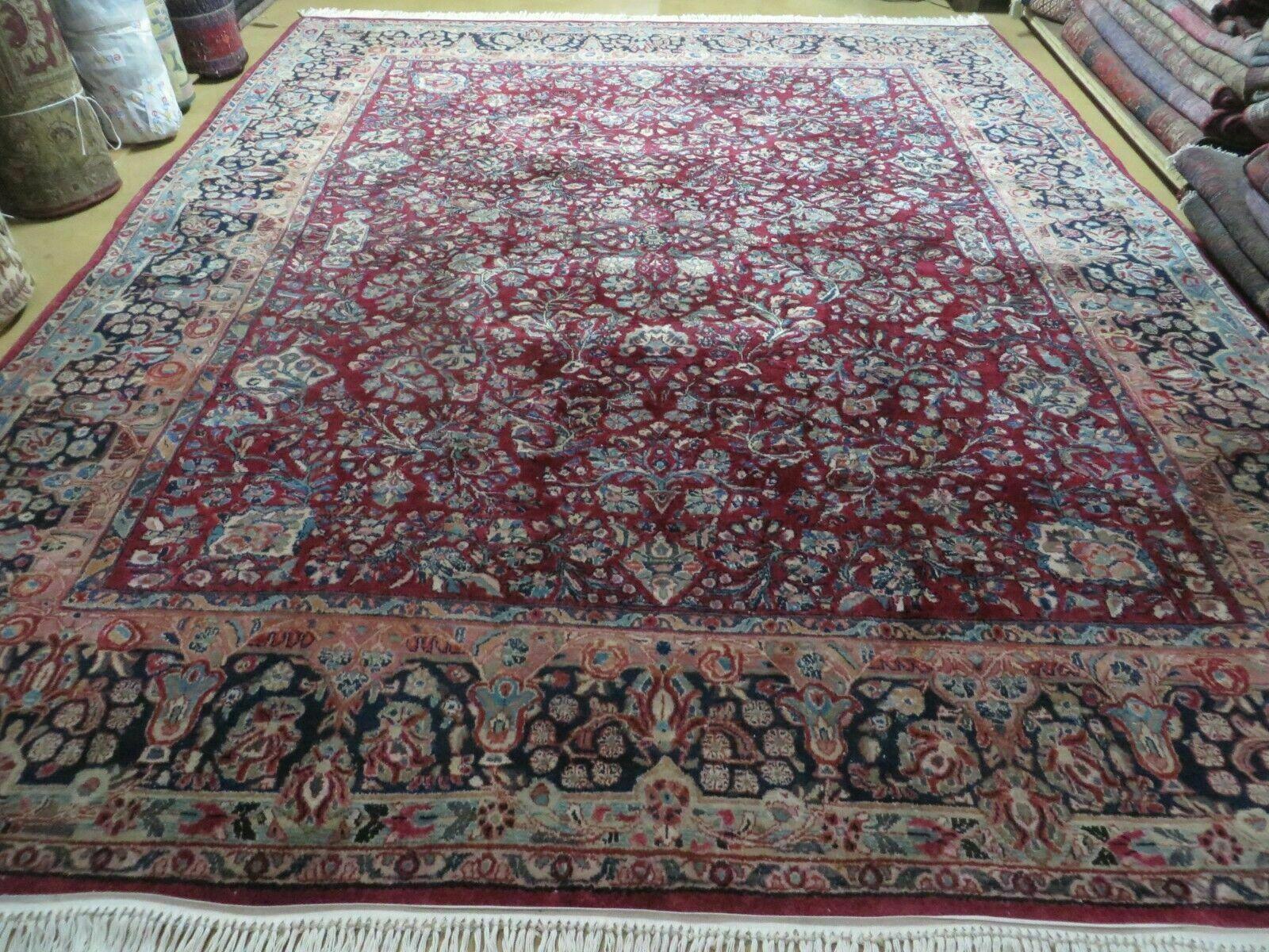 Antique Persian Sarouk Rug 9x11 Red Navy Blue Oriental Carpet, Allover Floral Pattern, Hand Knotted, Wool, Room Sized 9 x 11 ft - Jewel Rugs