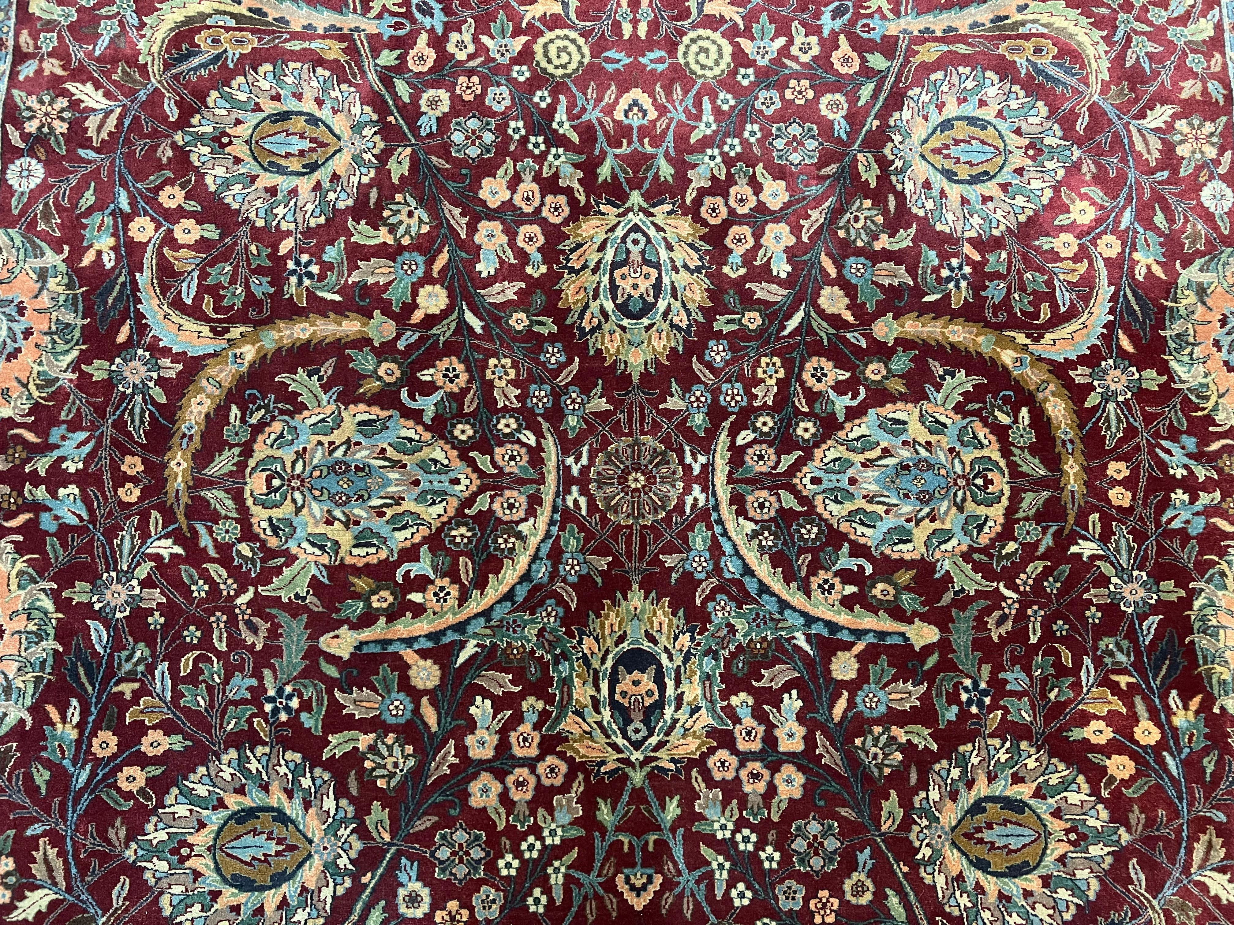Large Indian Agra Rug 10x13, Maroon Midnight Blue Tan Hand Knotted Wool Oriental Carpet 10 x 13 ft, Floral Allover, Vintage Traditional Rug - Jewel Rugs