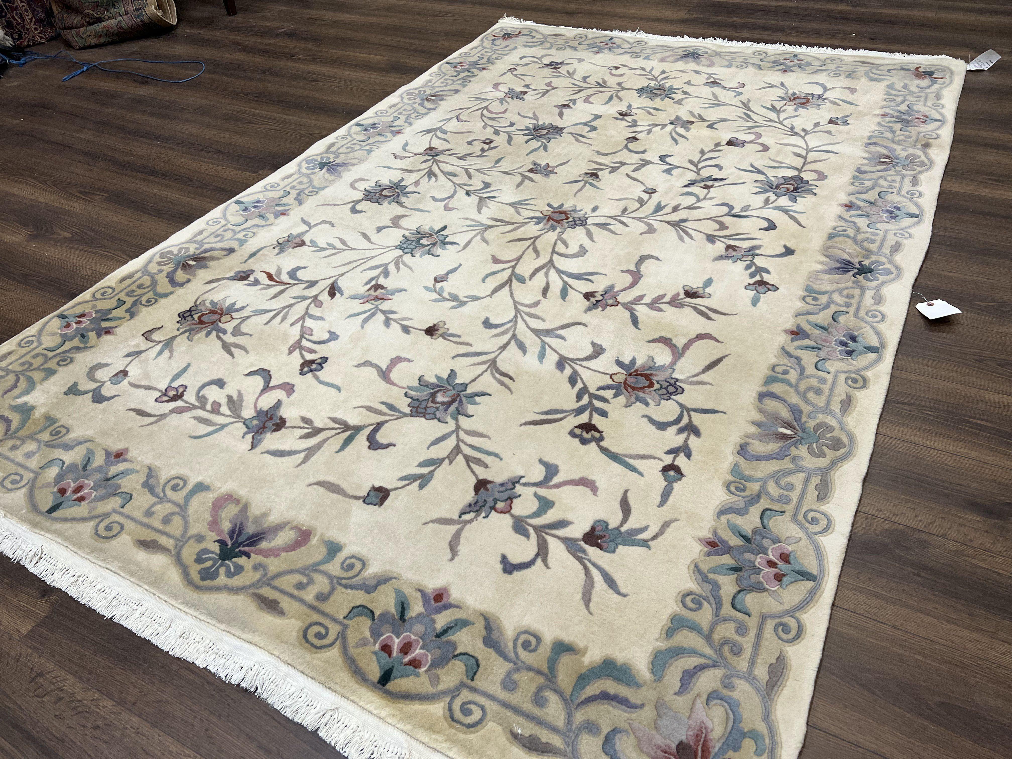 Vintage Chinese Rug 6x9, Chinese 120 Line Rug, Asian Oriental Carpet, Ivory/Beige and Teal, Floral Design, Soft Plush Wool Rug Handmade - Jewel Rugs