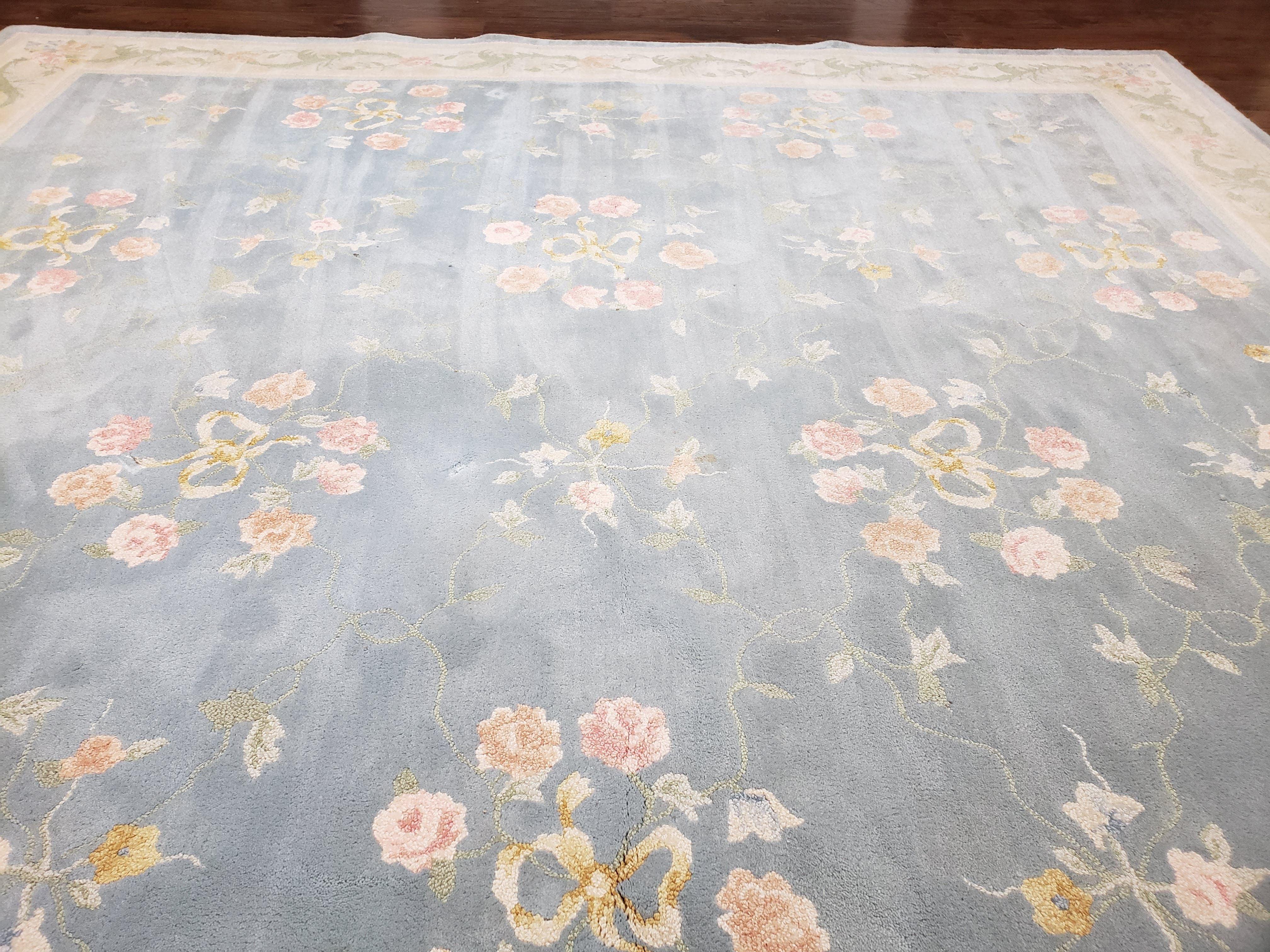 Vintage Edward Fields Room Size Area Rug 10x15, Wool Hand Tufted Light Blue Cream Floral American Carpet, 10 x 15 Large Living Room Rug - Jewel Rugs