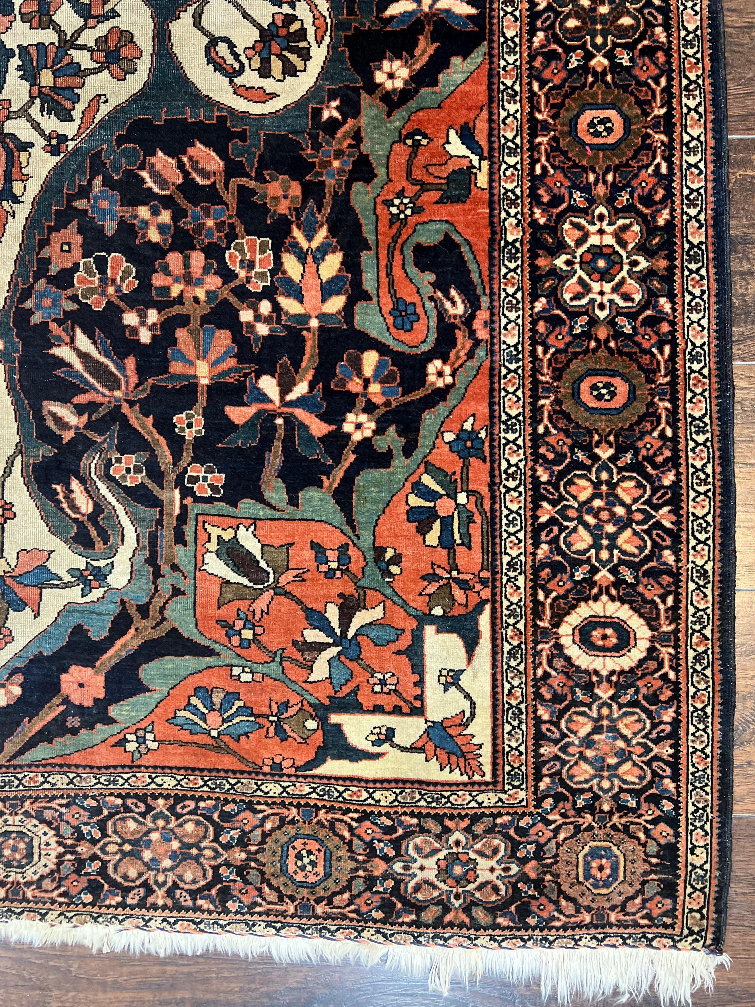 Antique Persian Sarouk Rug 4x7, Sarouk Farahan Carpet, 1880s Antique Oriental Rug, Late 19th Century, Handmade, Medallion, Cream Navy Red - Jewel Rugs