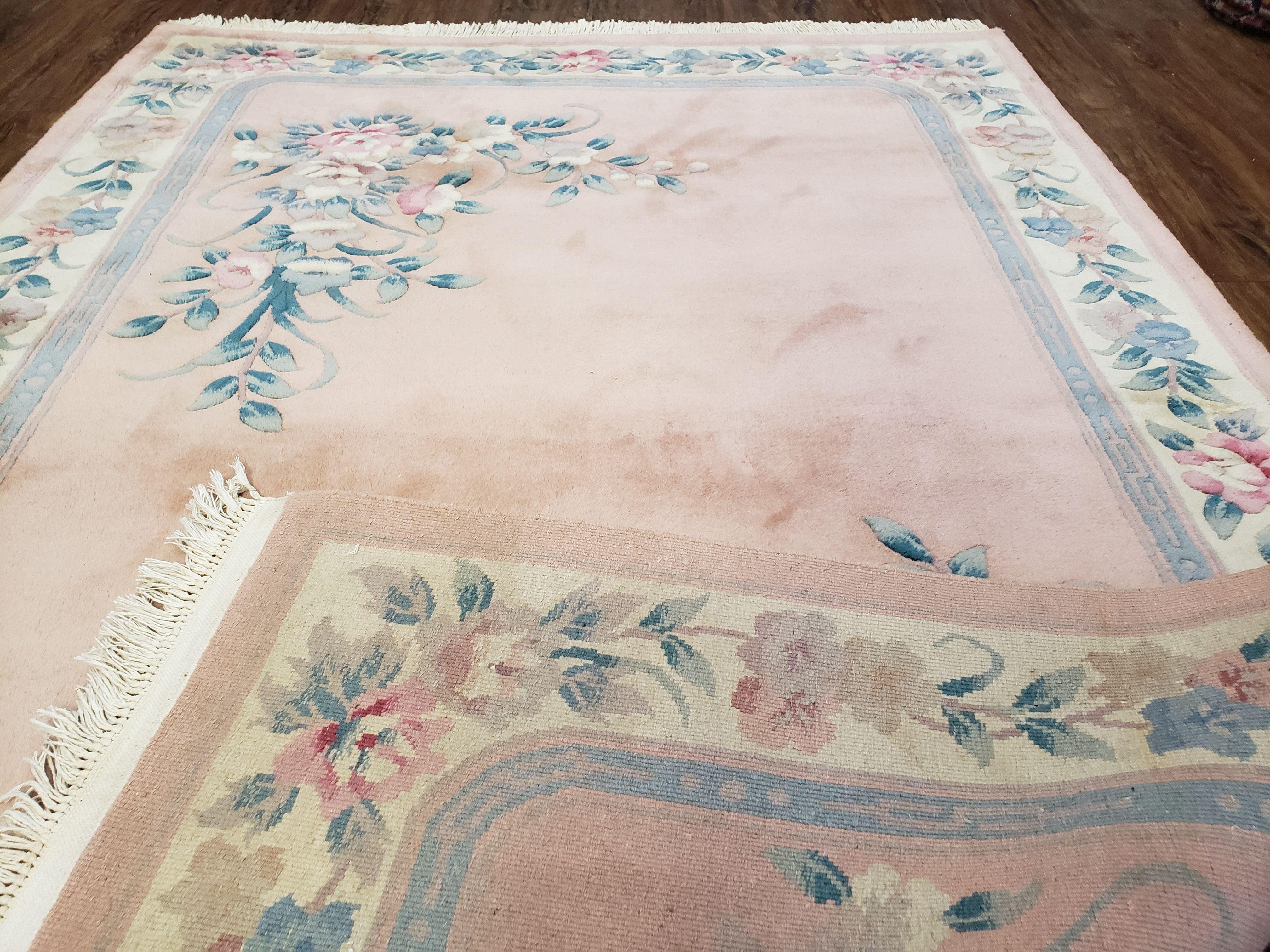 Vintage Light Pink Chinese Carving Area Rug, Floral Plush Carpet, Soft Pile, Hand-Knotted, Pink & Teal, Pastel Colors Home Decor, 5.4 x 8.2 - Jewel Rugs