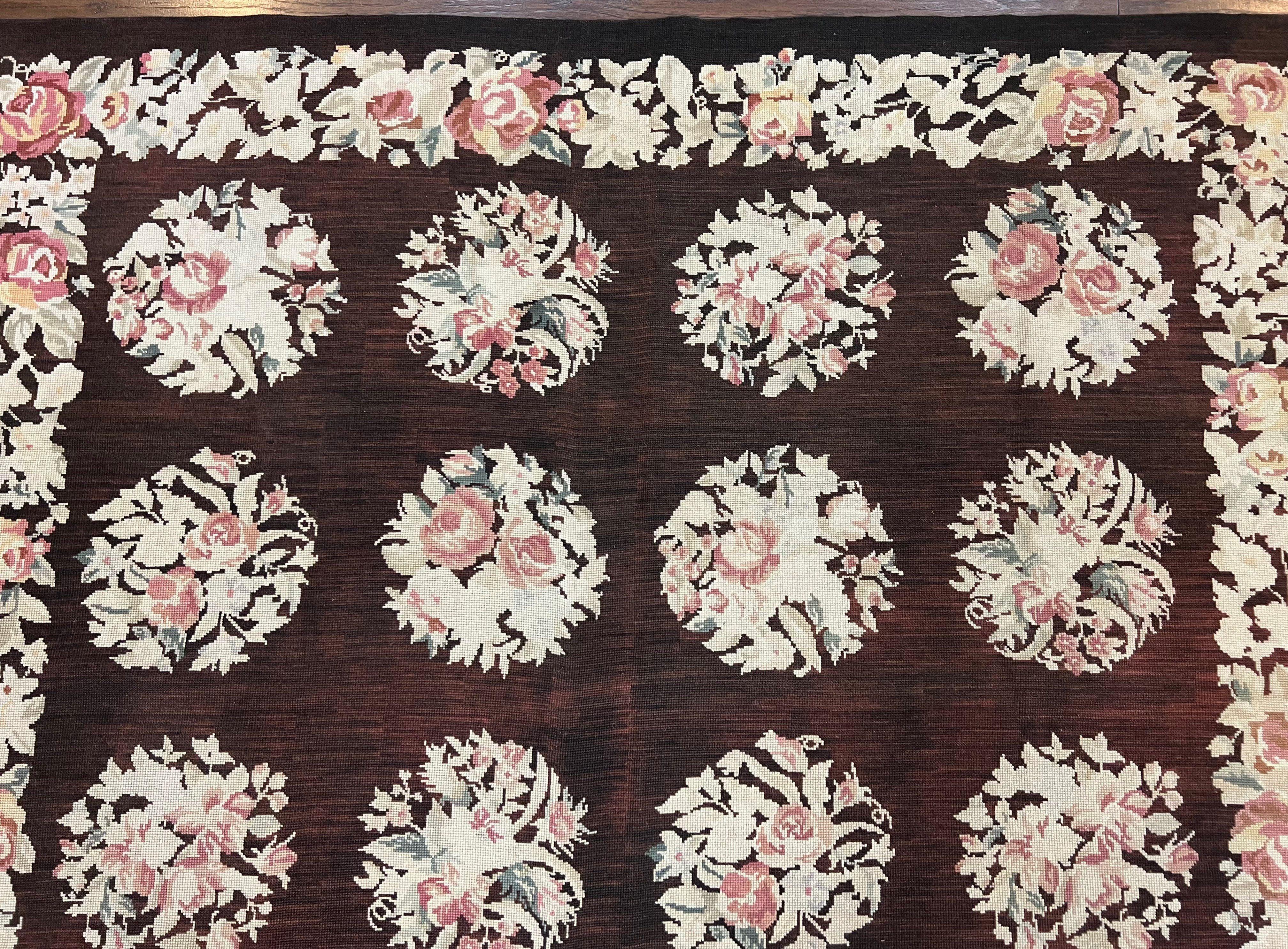 Floral Needlepoint Rug 5x7, Repeated Floral Motifs, Eggplant Color, Handmade Wool Vintage Needlepoint Area Rug 5 x 7 ft, Flatweave Rug - Jewel Rugs