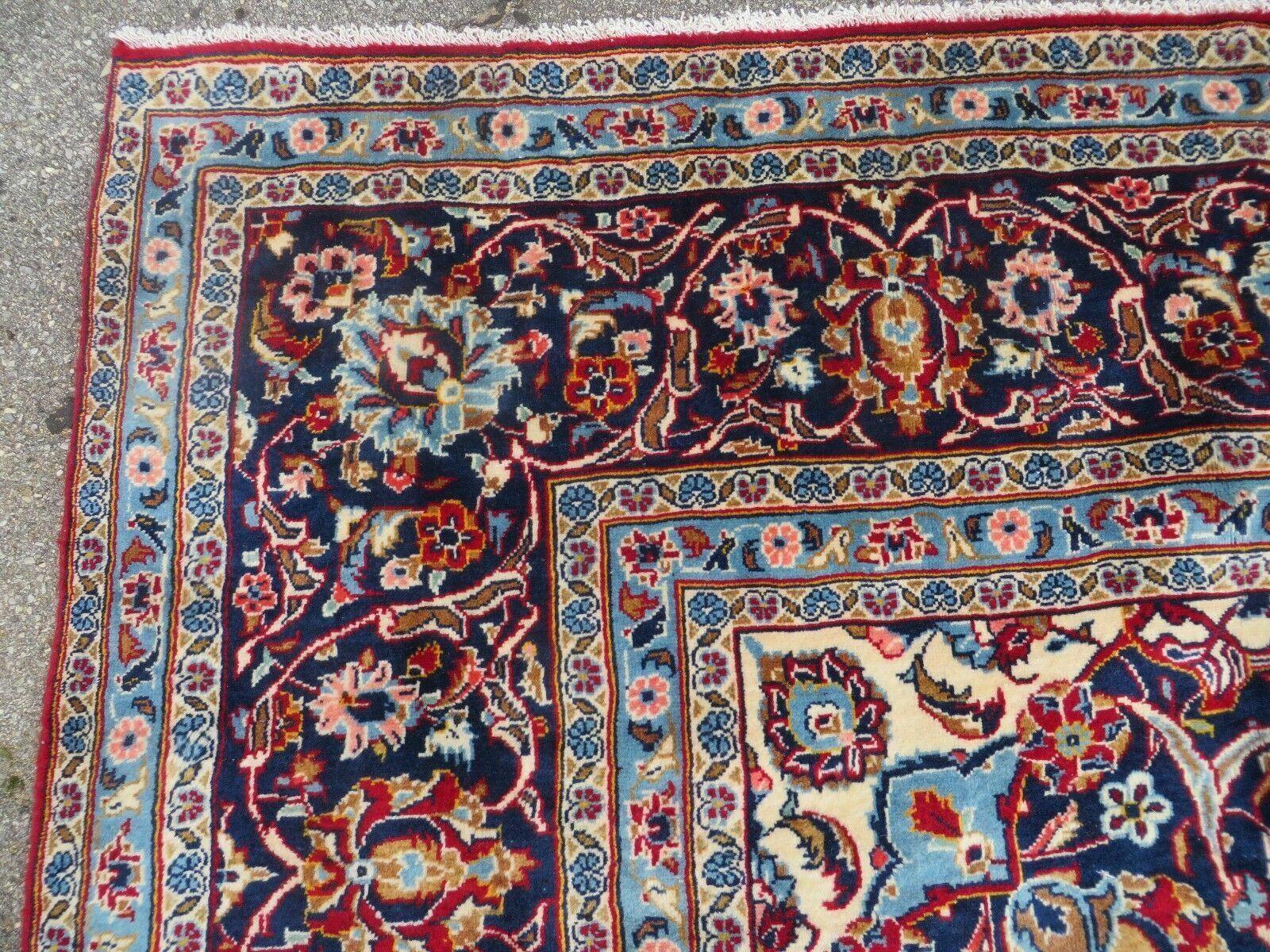 Vintage Persian Kashan Rug 10x13, Hand Knotted Room Sized Carpet, Red Light Blue Dark Blue, Wool, Traditional, Medallion and Corner Design - Jewel Rugs