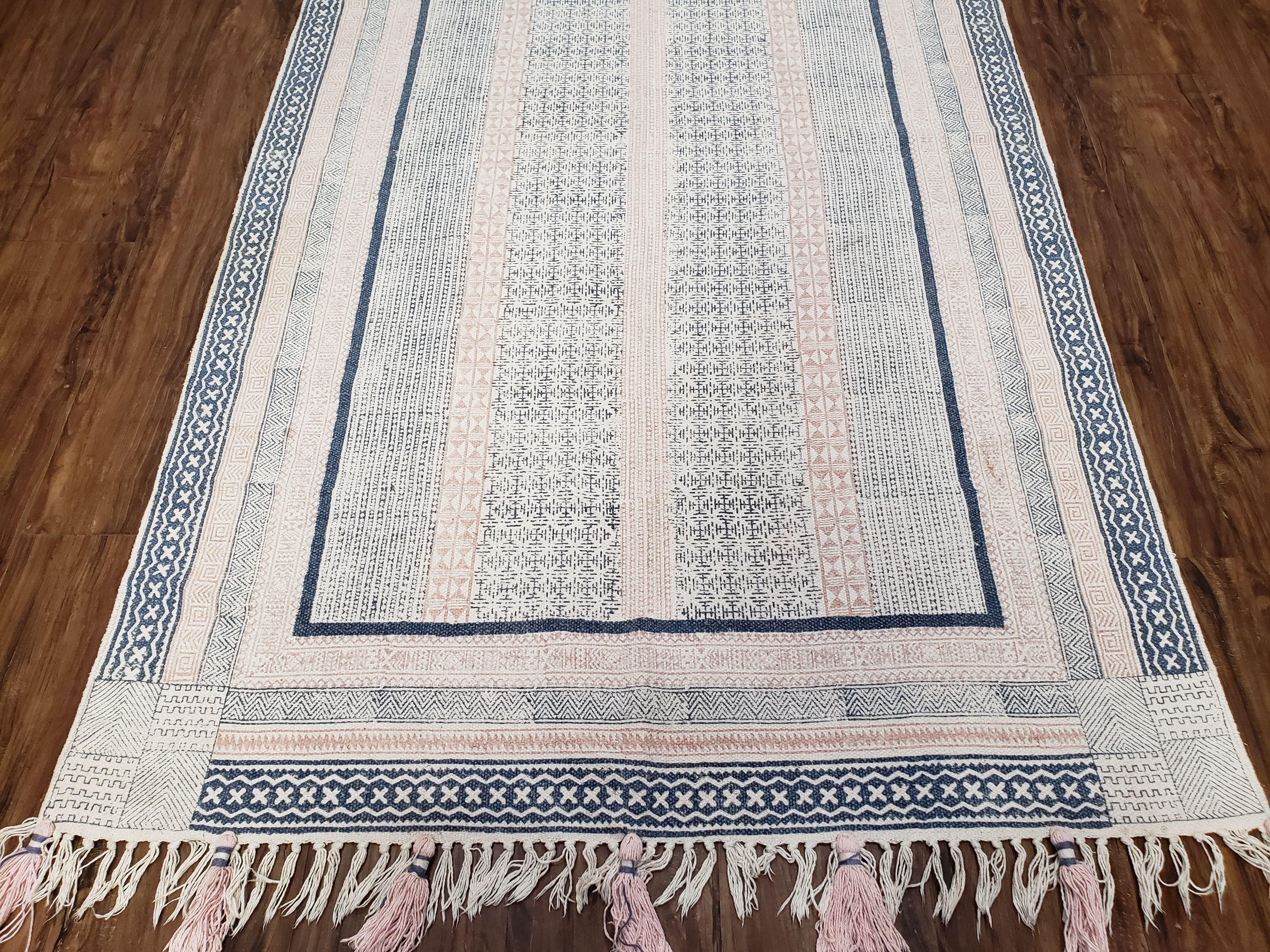 Vintage Moroccan Kilim Area Rug 4x6, Ivory & Blues, Moroccan Wall Hanging, Wool, Handmade, 3'9" x 6' 1", Boho Rug, Flatweave Moroccan Carpet - Jewel Rugs