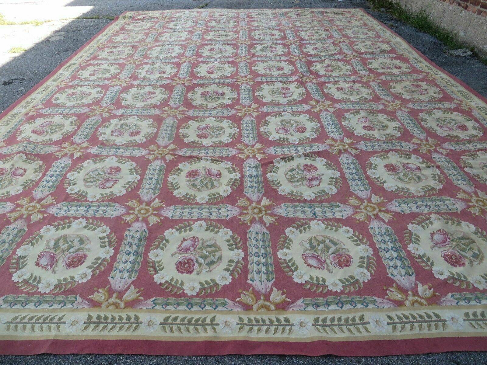 Palace Sized Aubusson Rug 13 x 20 ft, Oversized Handwoven Handmade Panel Design French Aubusson Carpet, Extra Large Wool Flatweave Rose Color - Jewel Rugs