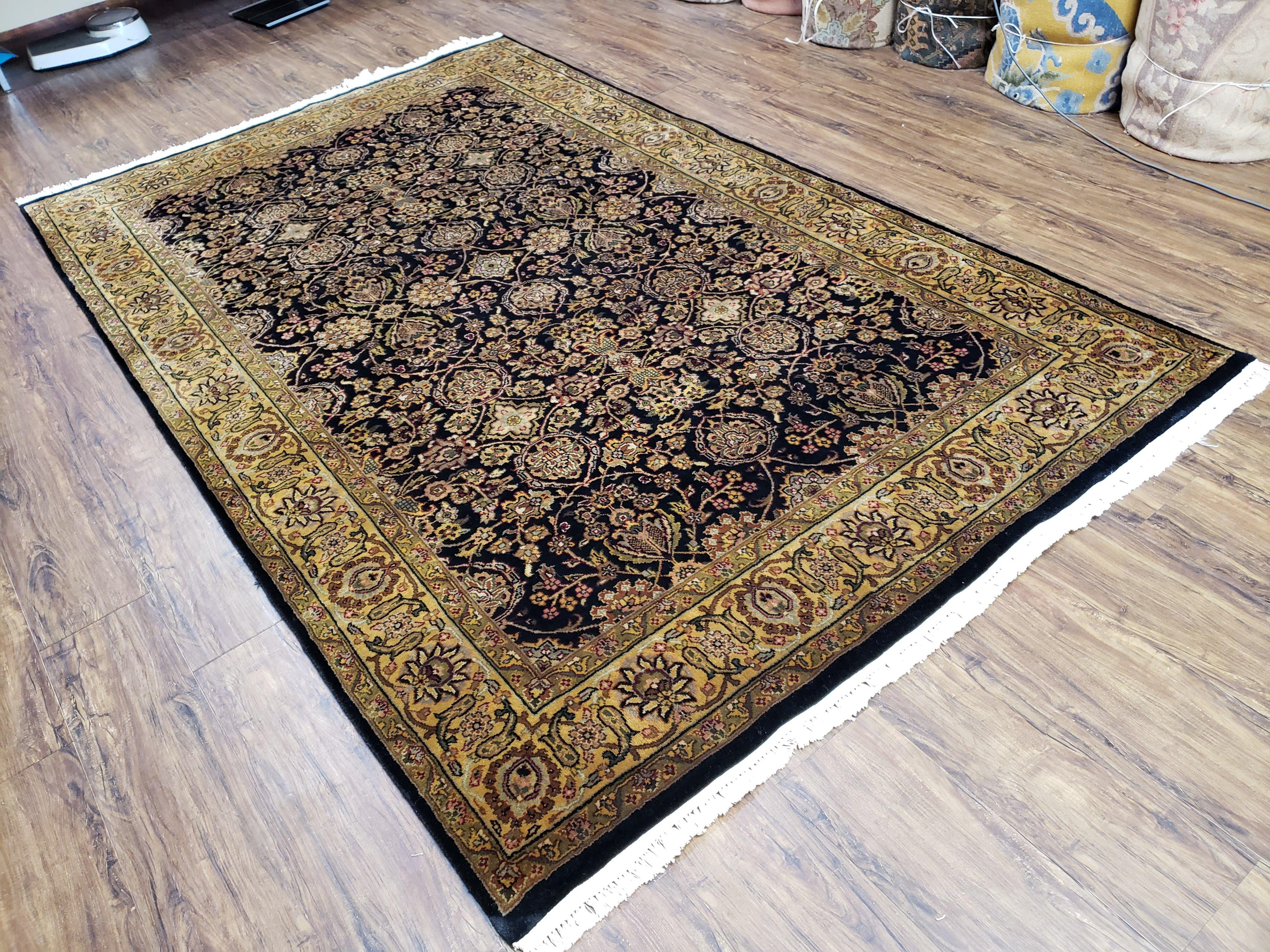 Vintage Floral Indo-Persian Area Rug 5x9 - 6x10, Wool Hand-knotted Black & Gold Indian Oriental Carpet, 6x9 Dining Table Rug, Bedroom Rug - Jewel Rugs