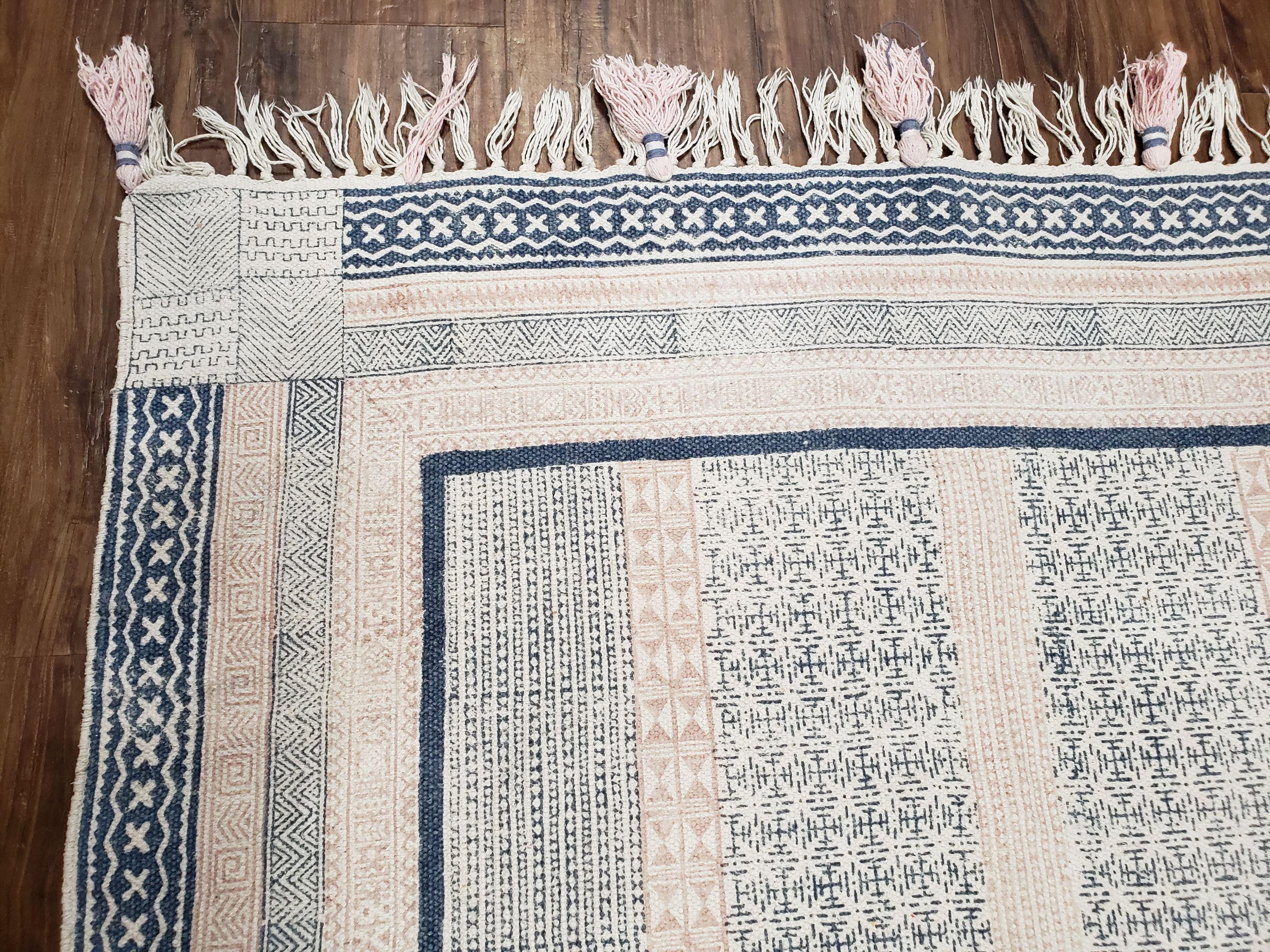 Vintage Moroccan Kilim Area Rug 4x6, Ivory & Blues, Moroccan Wall Hanging, Wool, Handmade, 3'9" x 6' 1", Boho Rug, Flatweave Moroccan Carpet - Jewel Rugs