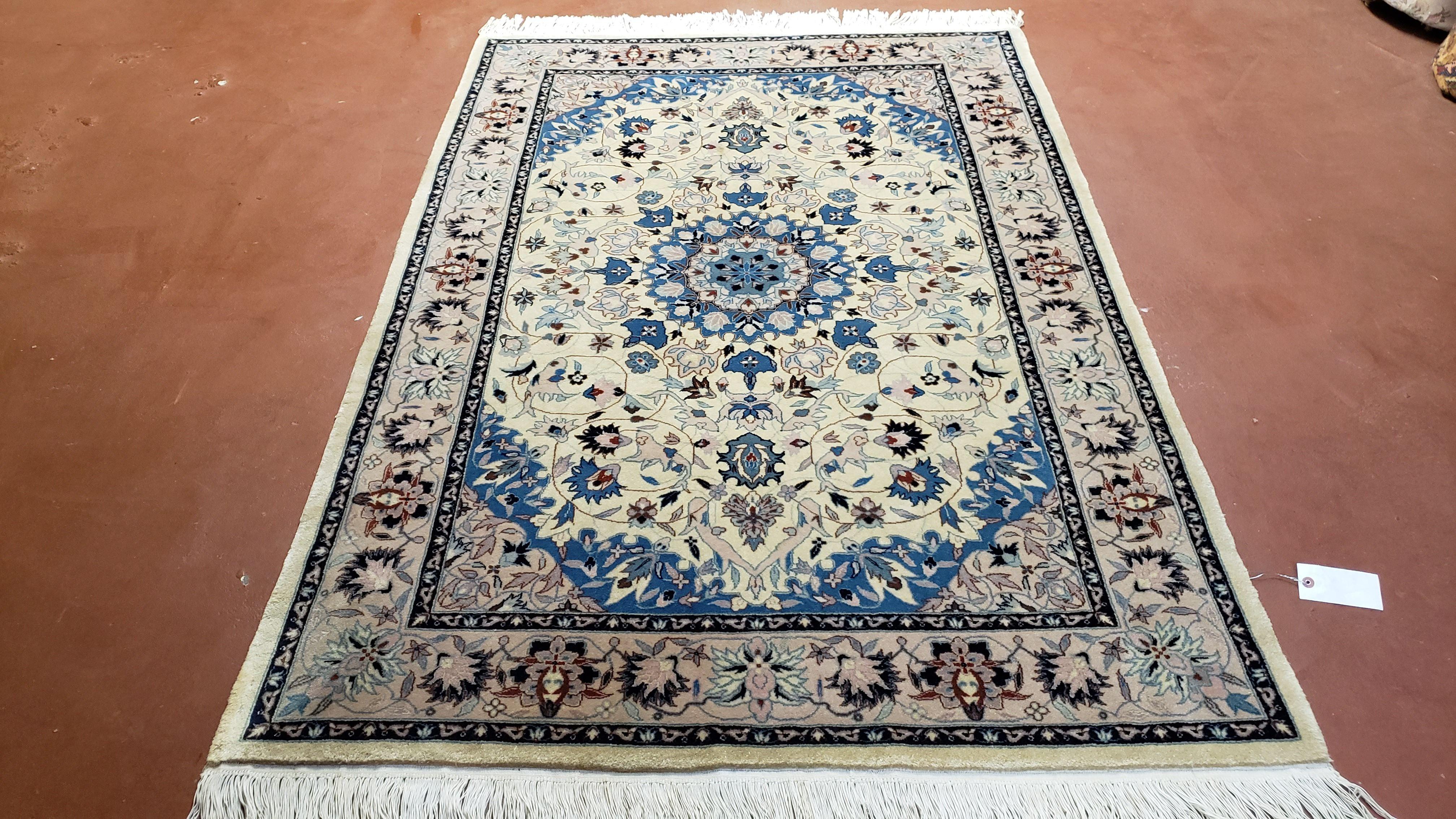 Sino Persian Rug 4x6, Ivory and Blue, Vintage Handmade Wool Oriental Carpet - Jewel Rugs