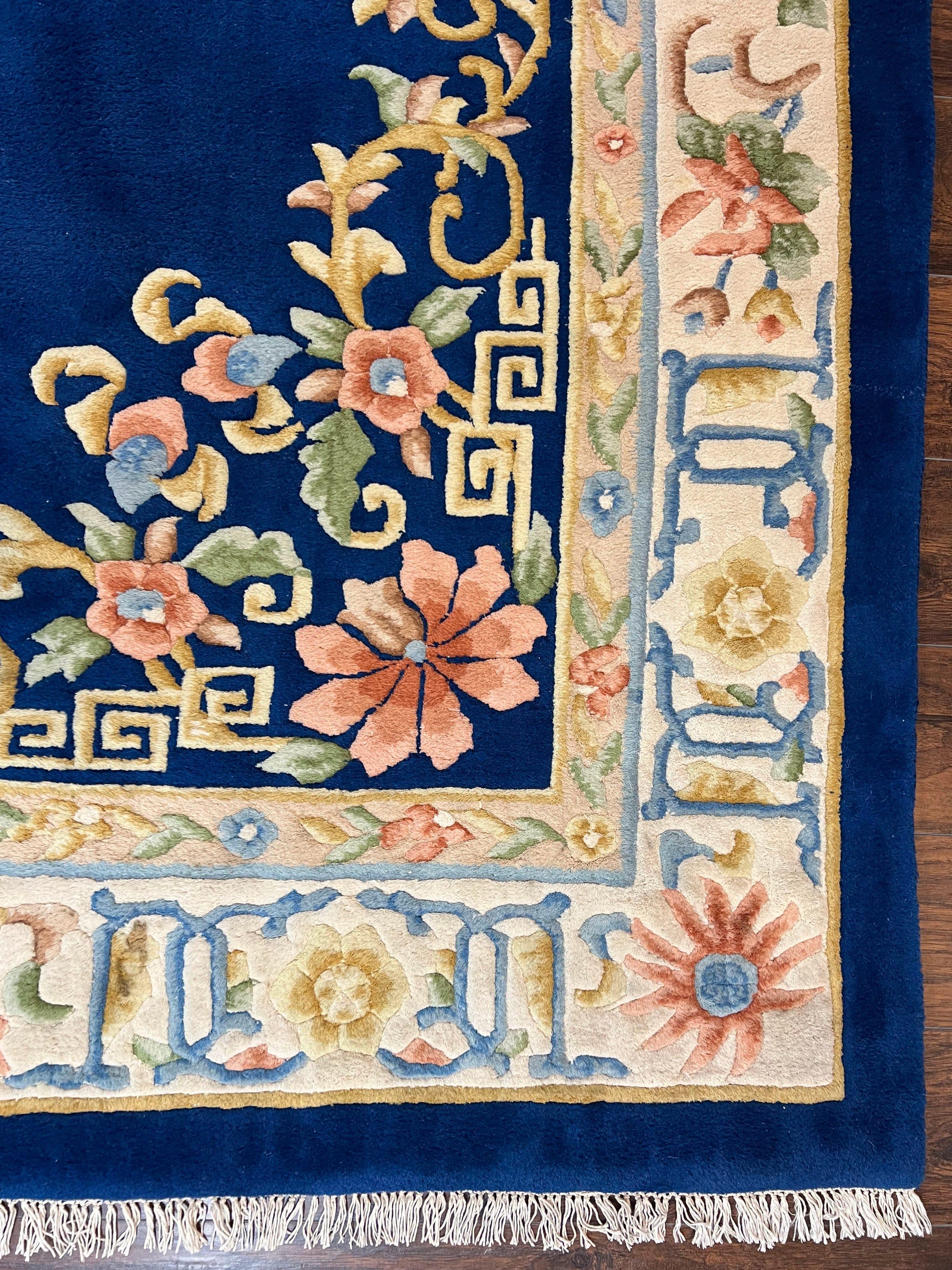 Indo Chinese Wool Rug 10x14, Navy Blue and Beige Hand Knotted Large Asian Oriental Carpet 10 x 14, Handmade Art Deco Vintage Floral Rug - Jewel Rugs