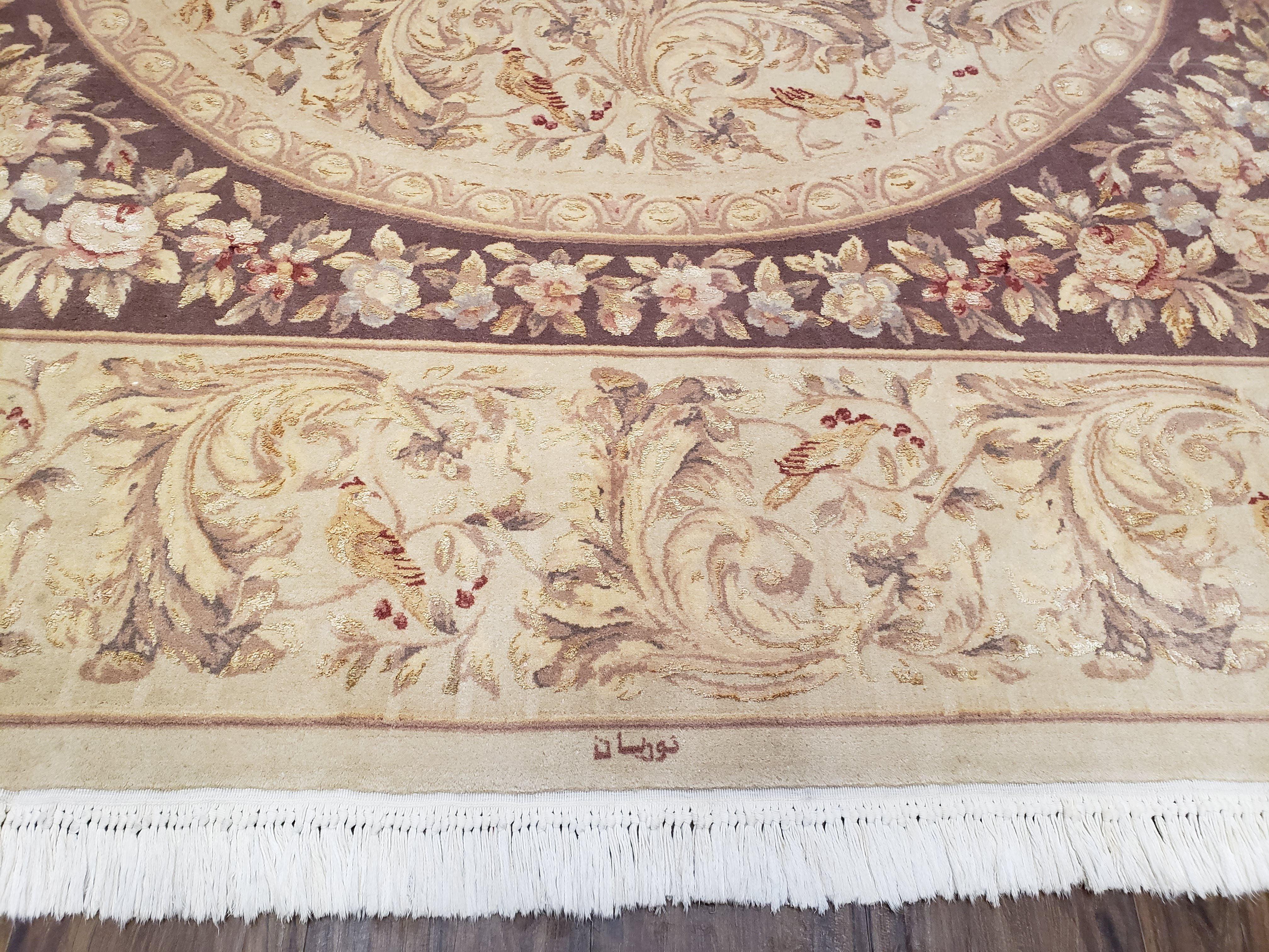 Chinese Aubusson Savonnerie Area Rug 8x12, Vintage 120 Line Carpet, Wool and Silk Hand-Knotted, Birds Flowers Master Weaver Signature - Jewel Rugs