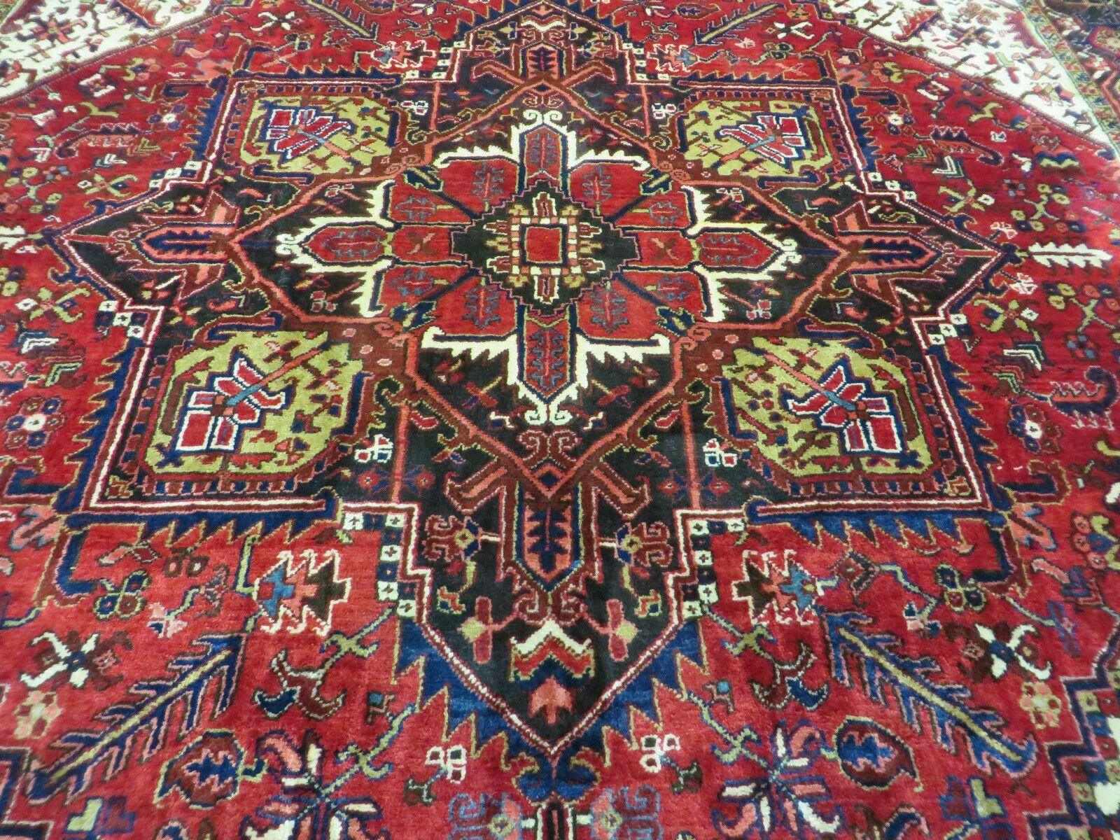 Wonderful Persian Heriz Rug 8.6 x 11, Geometric Heriz Carpet, Semi Antique Decorative Area Rug, Red Ivory Dark Blue Handmade Wool Room Sized - Jewel Rugs