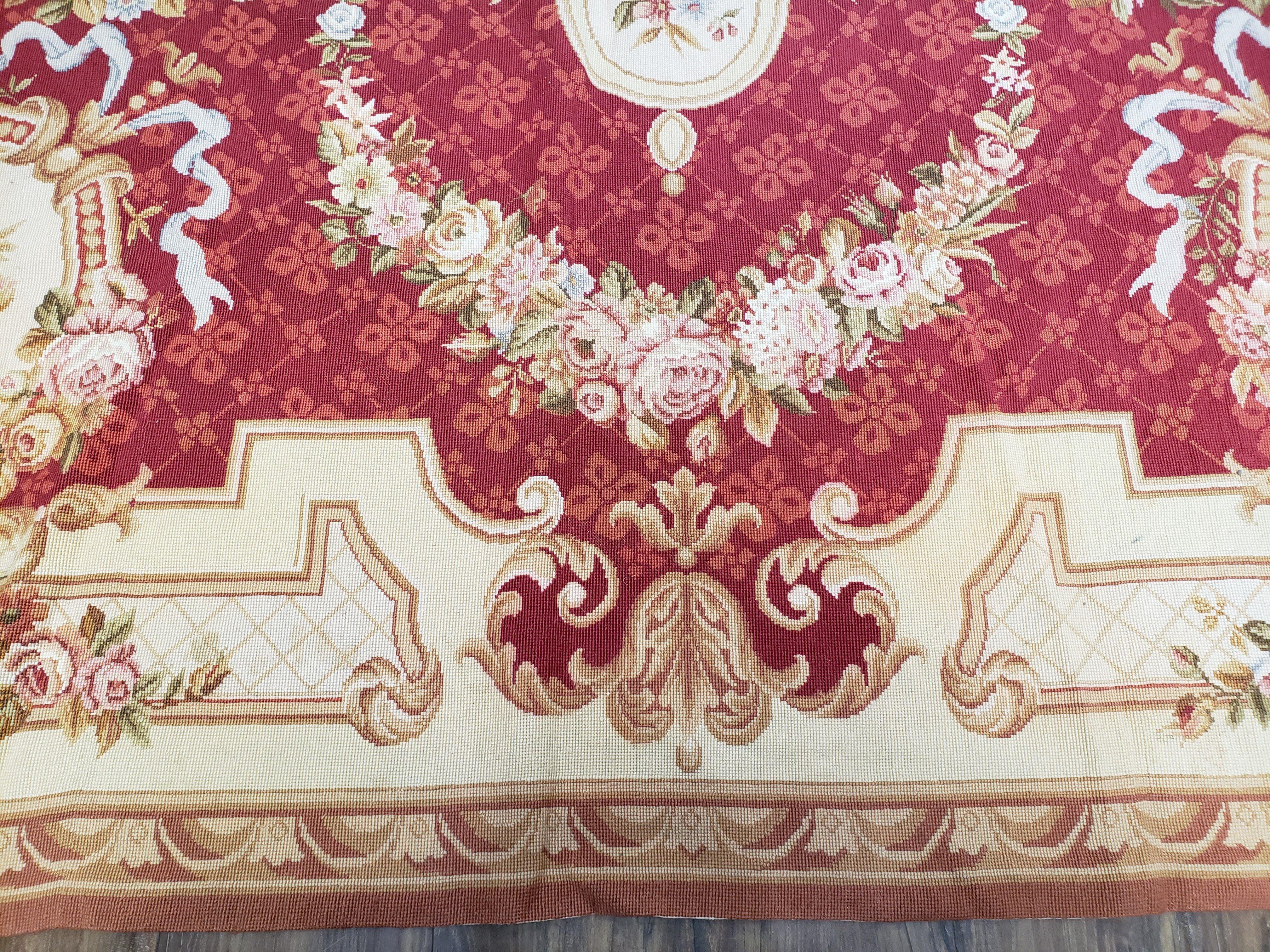 Vintage Aubusson Rug, Aubusson Savonnerie Needlepoint Area Rug 8x11, Handmade Wool Red & Ivory Chinese Aubusson European Carpet, Flat Pile - Jewel Rugs