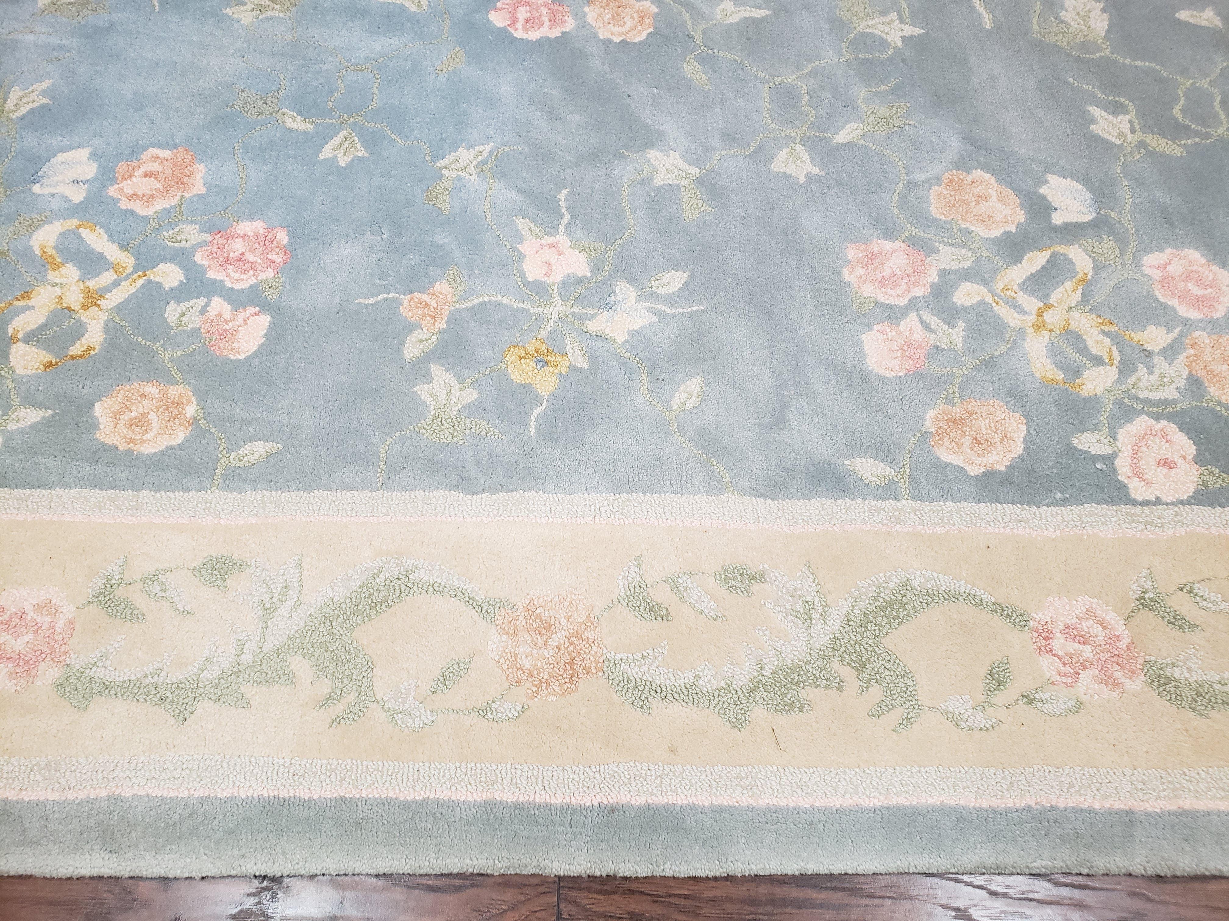 Vintage Edward Fields Room Size Area Rug 10x15, Wool Hand Tufted Light Blue Cream Floral American Carpet, 10 x 15 Large Living Room Rug - Jewel Rugs