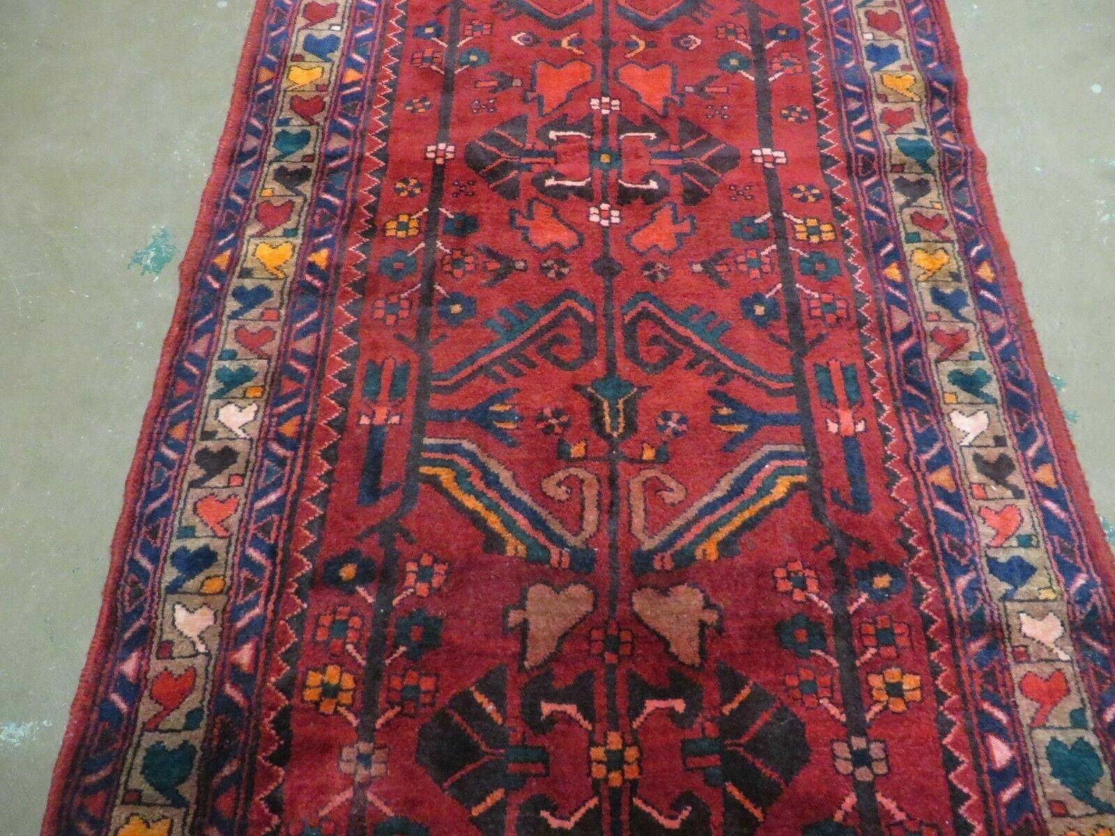 Antique Persian Hamadan Runner 3.4 x 9.7 - Wool, Red and Navy Blue - Jewel Rugs