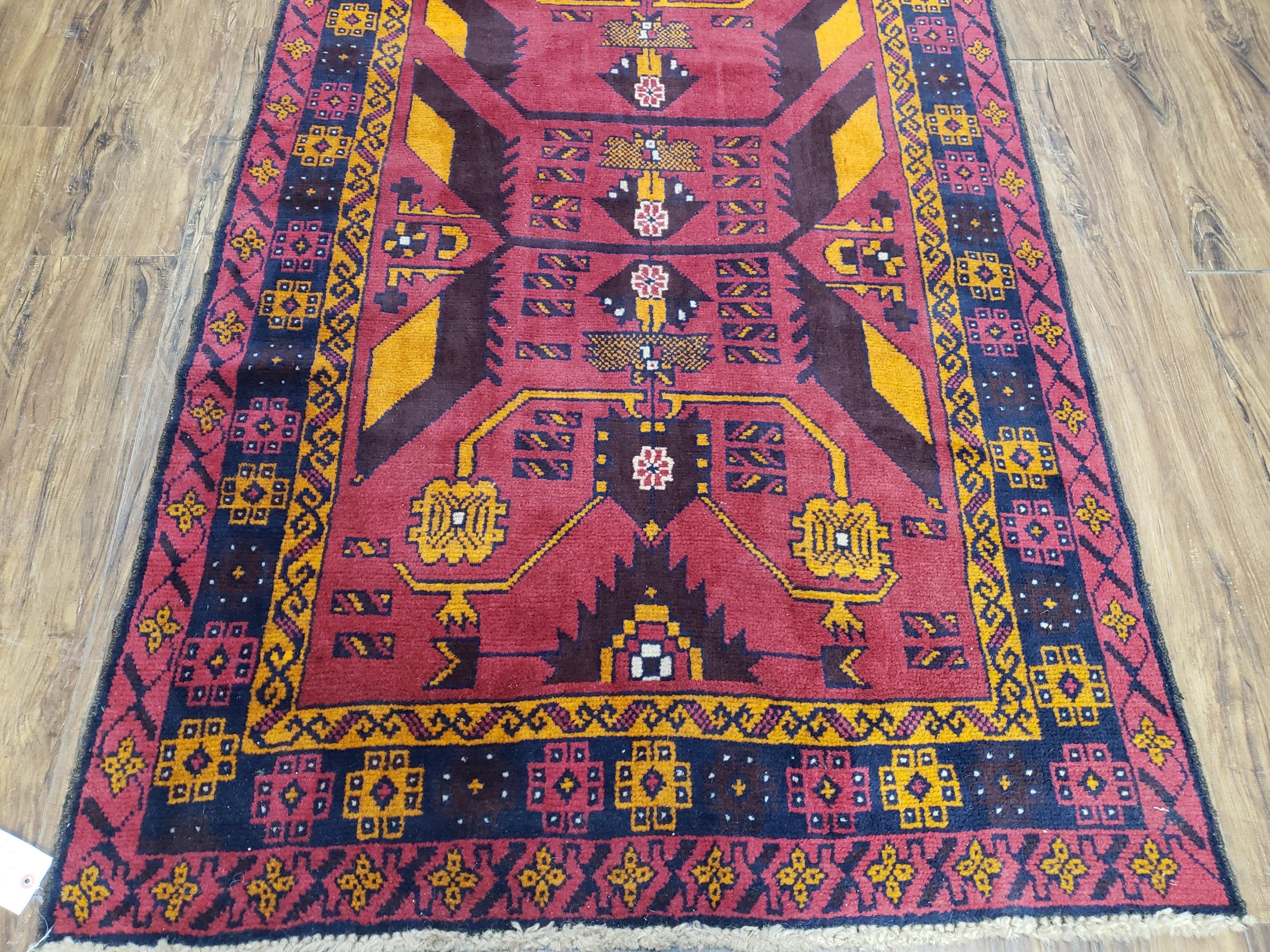 Vintage Balouchi Rug 3.8 x 6.4 ft, Small Baluch Carpet, Hand-Knotted Vivid Colors, Wool Nomadic Tribal Rug, Bohomenian Area Rug, Red Blue - Jewel Rugs