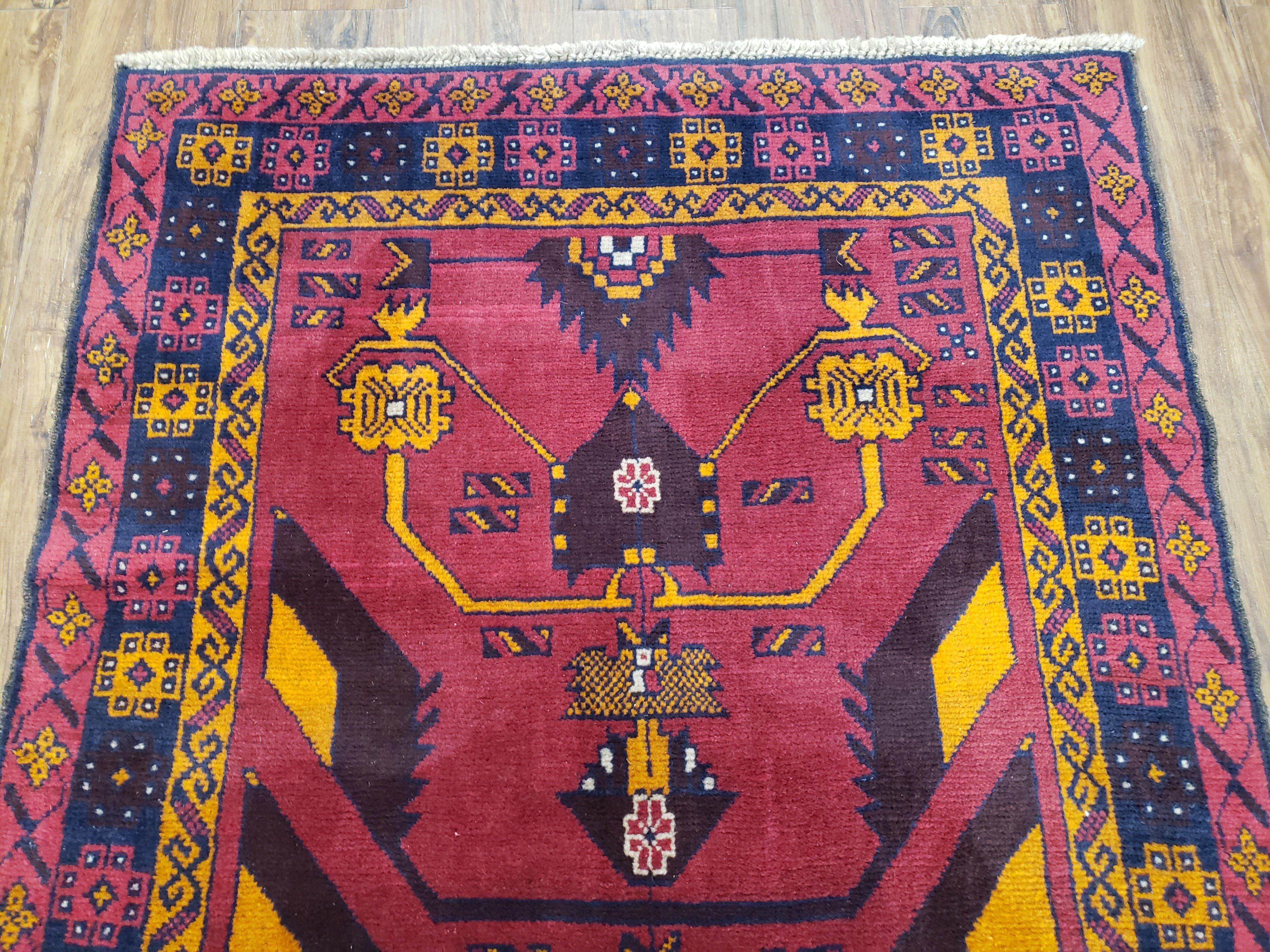 Vintage Balouchi Rug 3.8 x 6.4 ft, Small Baluch Carpet, Hand-Knotted Vivid Colors, Wool Nomadic Tribal Rug, Bohomenian Area Rug, Red Blue - Jewel Rugs