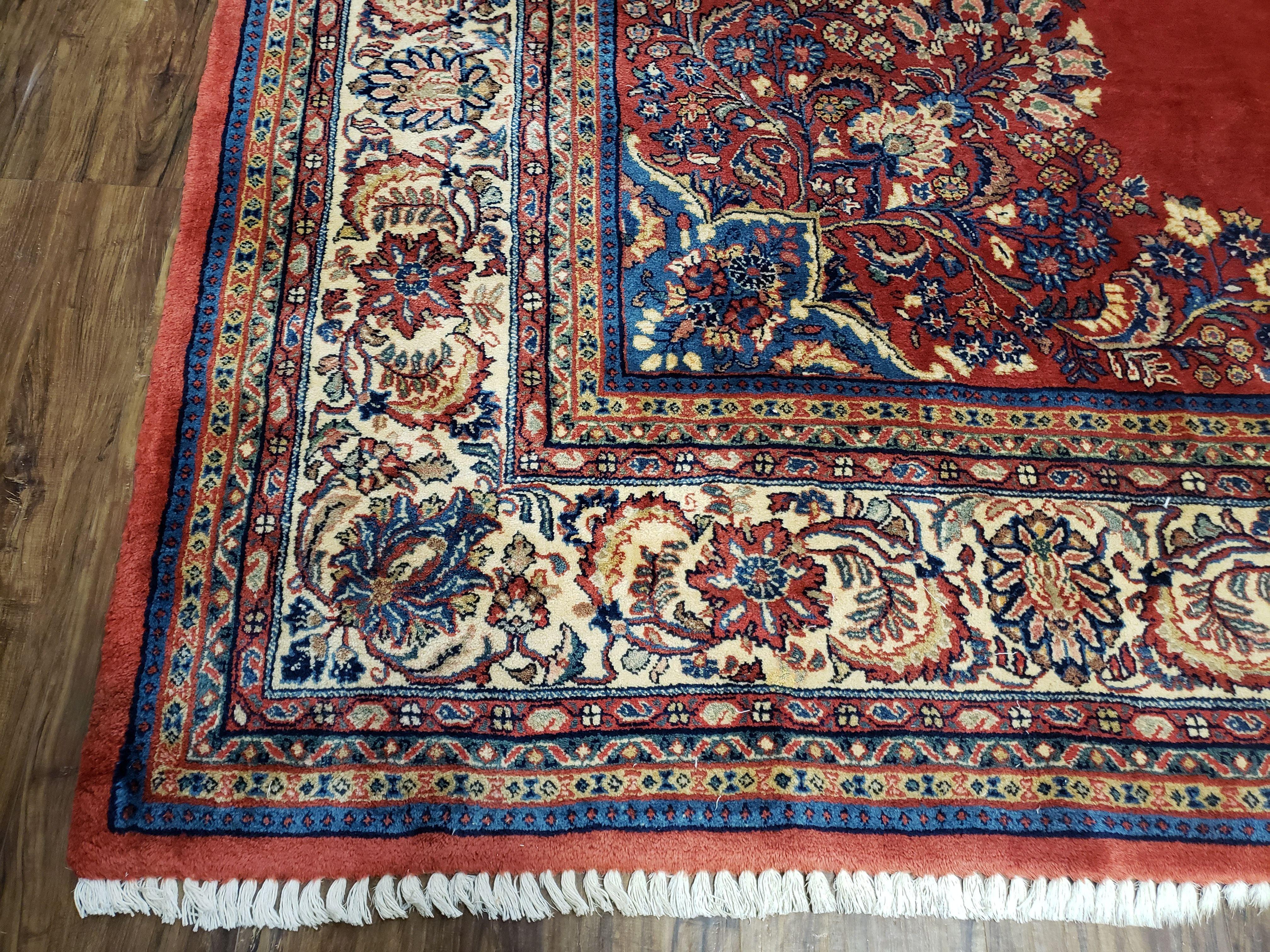 Semi Antique Persian Sarouk Rug 9x12, Semi Open Field with Central Medallion, Hand Knotted Wool, Tomato Red, 9 x 12 Authentic Oriental Carpet - Jewel Rugs