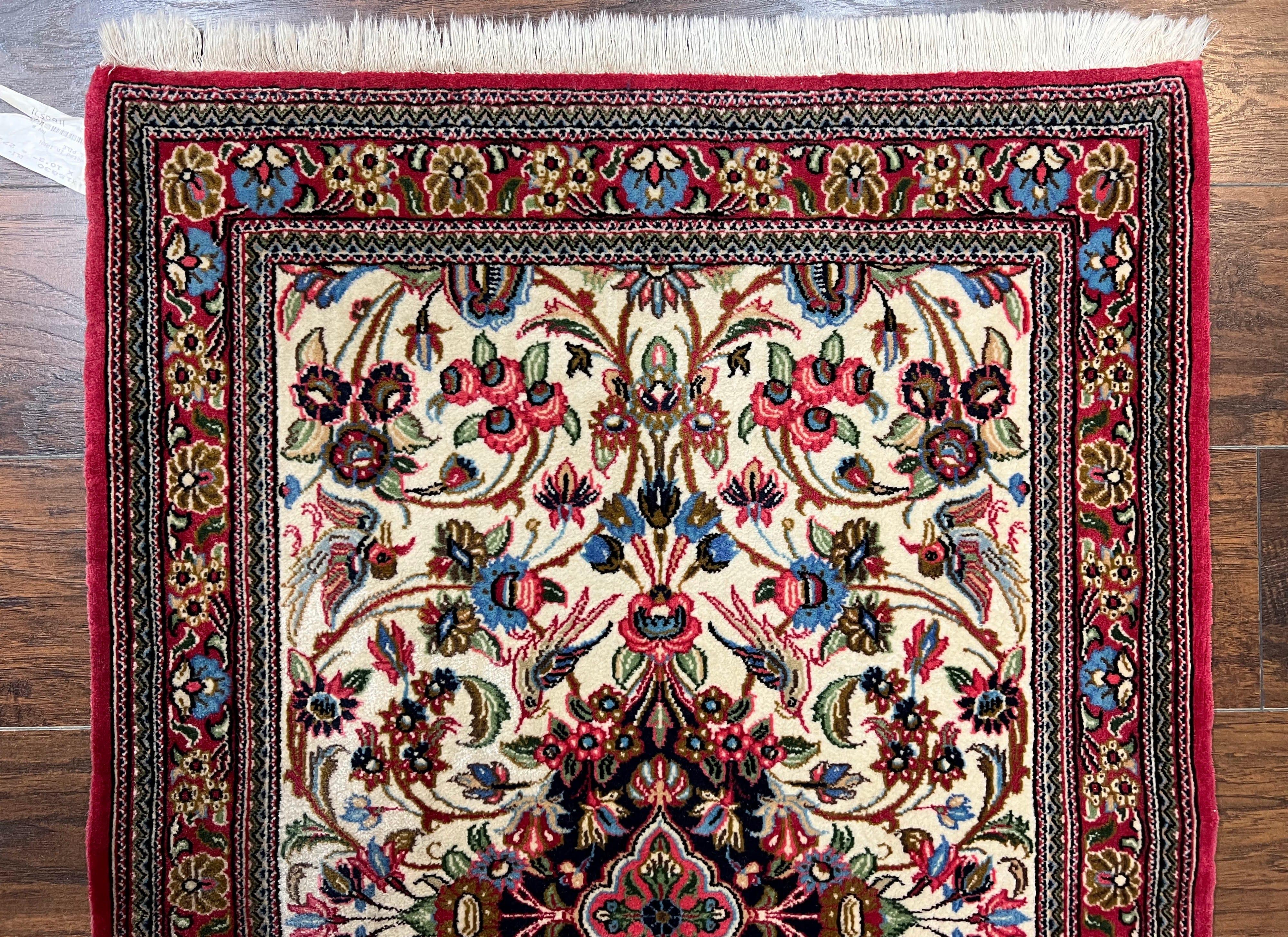 Wonderful Persian Qum Runner Rug 2.8 x 10 ft, Floral Medallions with Bird Motifs, Hand Knotted Wool Fine Oriental 10ft Hallway Runner, Cream Red - Jewel Rugs